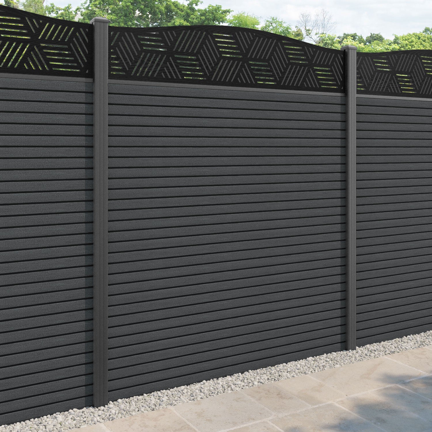 Hudson Cubed Curved Top Fence Panel - Dark Grey - with our aluminium posts