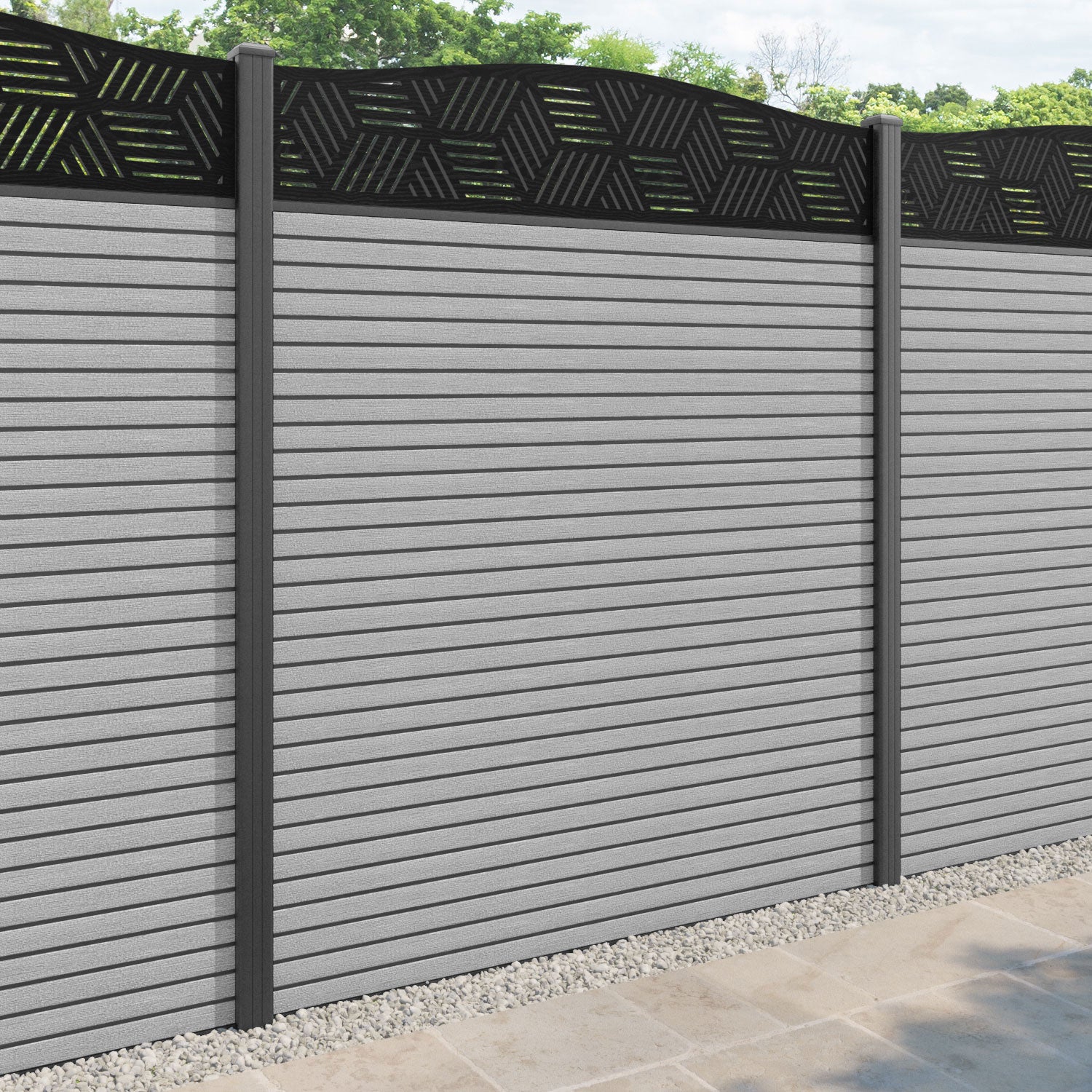 Hudson Cubed Curved Top Fence Panel - Light Grey - with our aluminium posts
