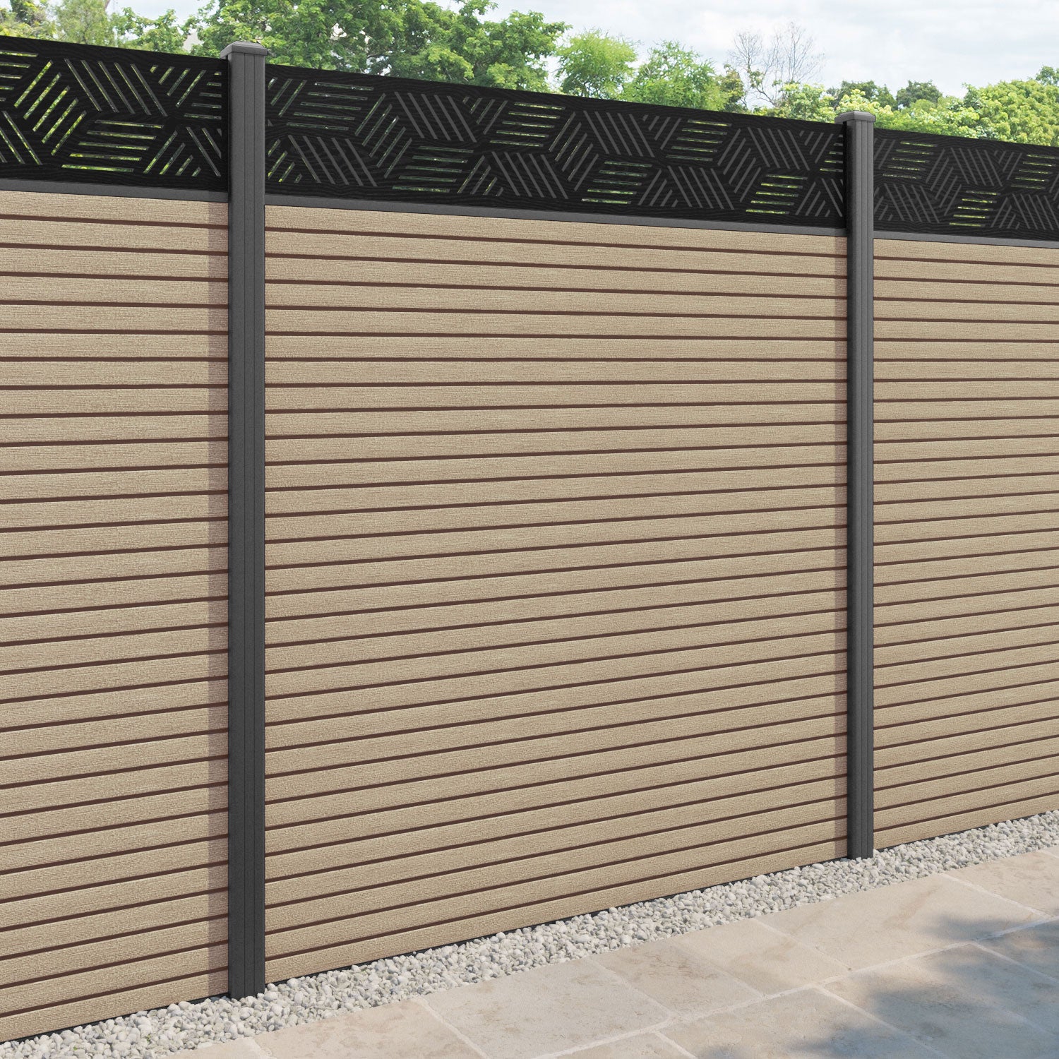 Hudson Cubed Fence Panel - Light Oak - with our aluminium posts