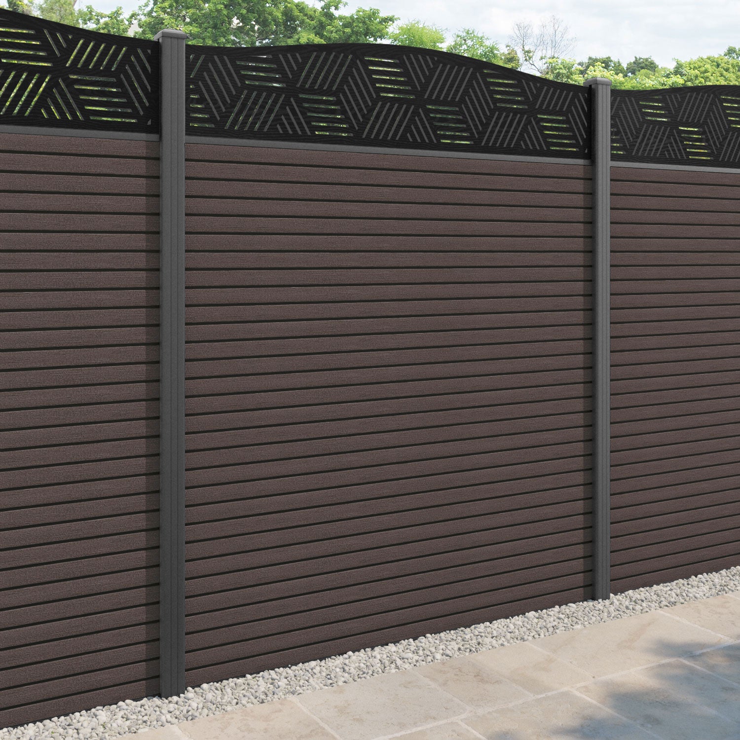 Hudson Cubed Curved Top Fence Panel - Mid Brown - with our aluminium posts