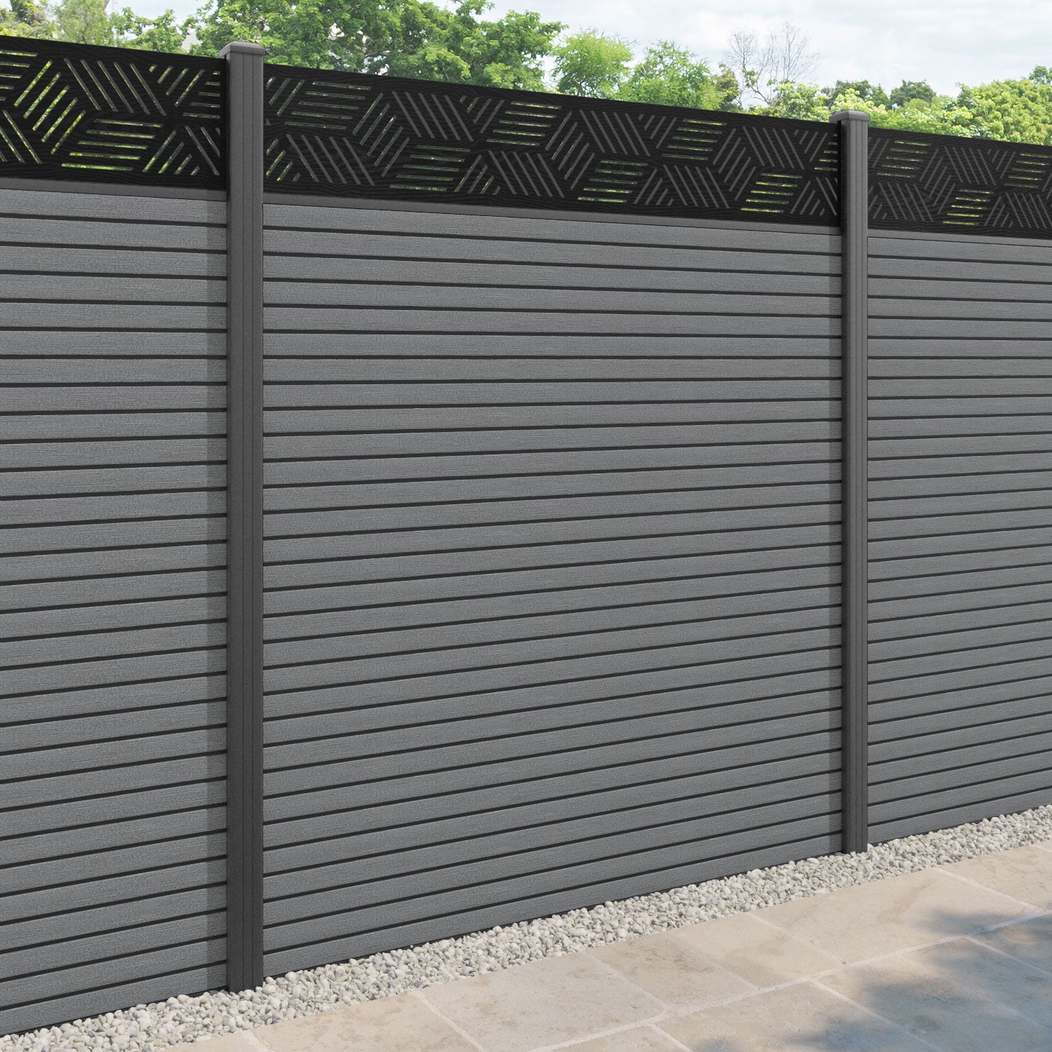 Hudson Cubed Fence Panel - Mid Grey - with our aluminium posts