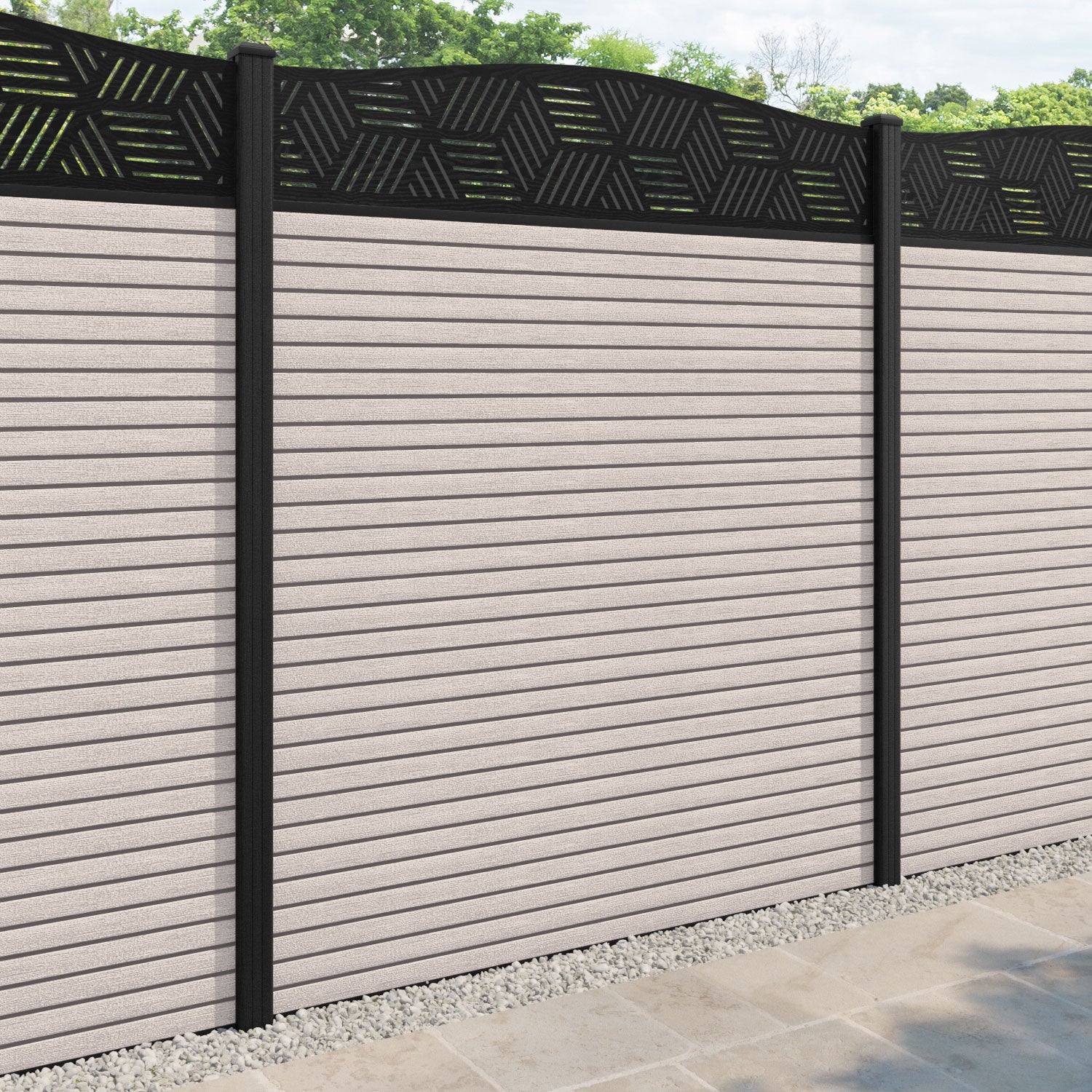Hudson Cubed Curved Top Fence Panel - Mid Stone - with our composite posts