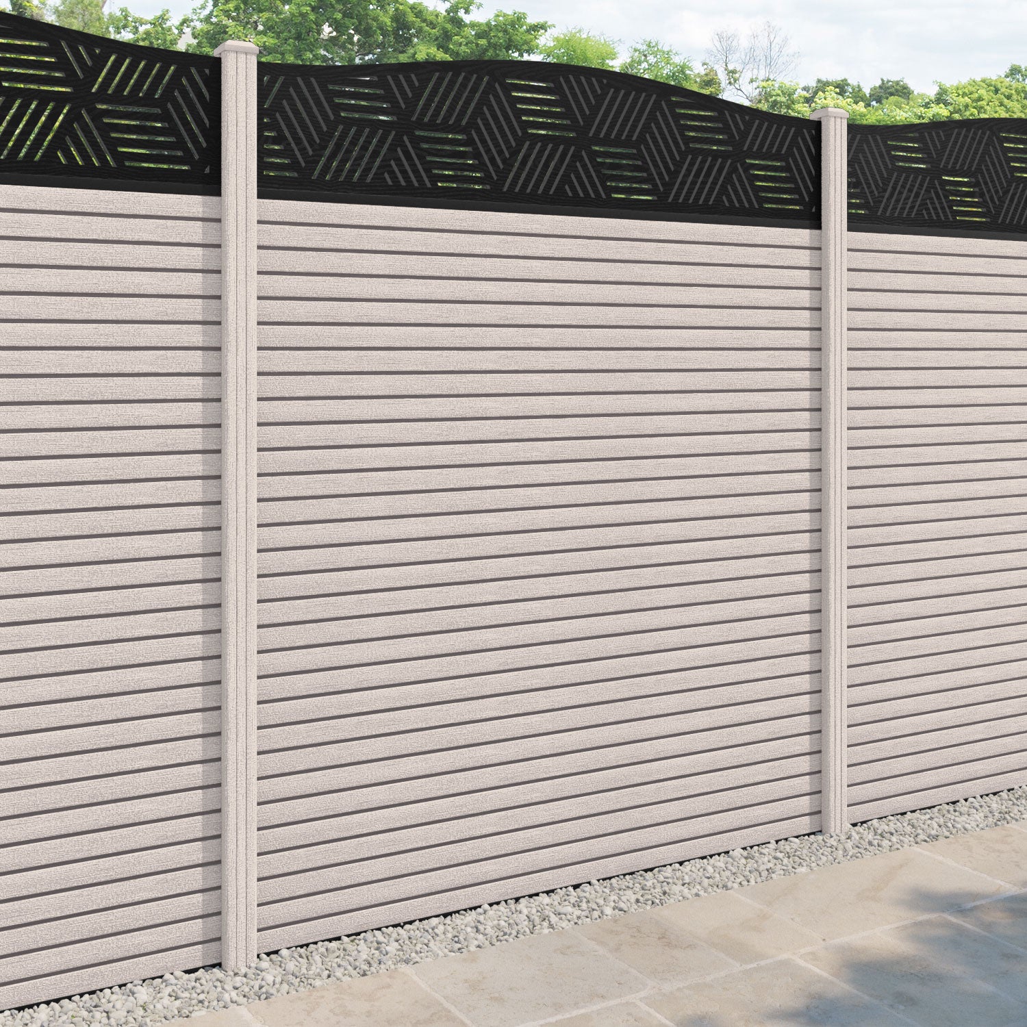 Hudson Cubed Curved Top Fence Panel - Mid Stone - with our composite posts