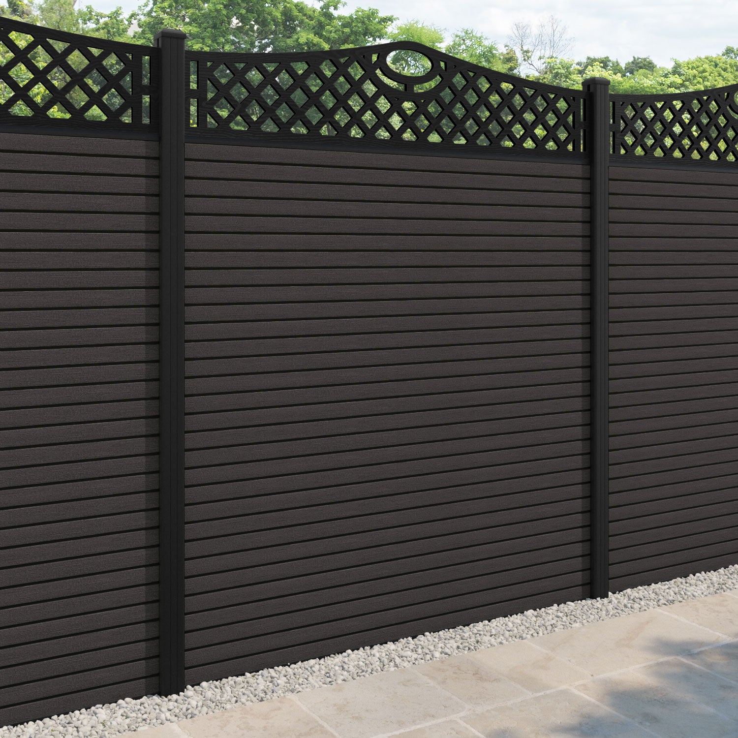 Hudson Oxford Curved Top Fence Panel - Dark Oak - with our aluminium posts