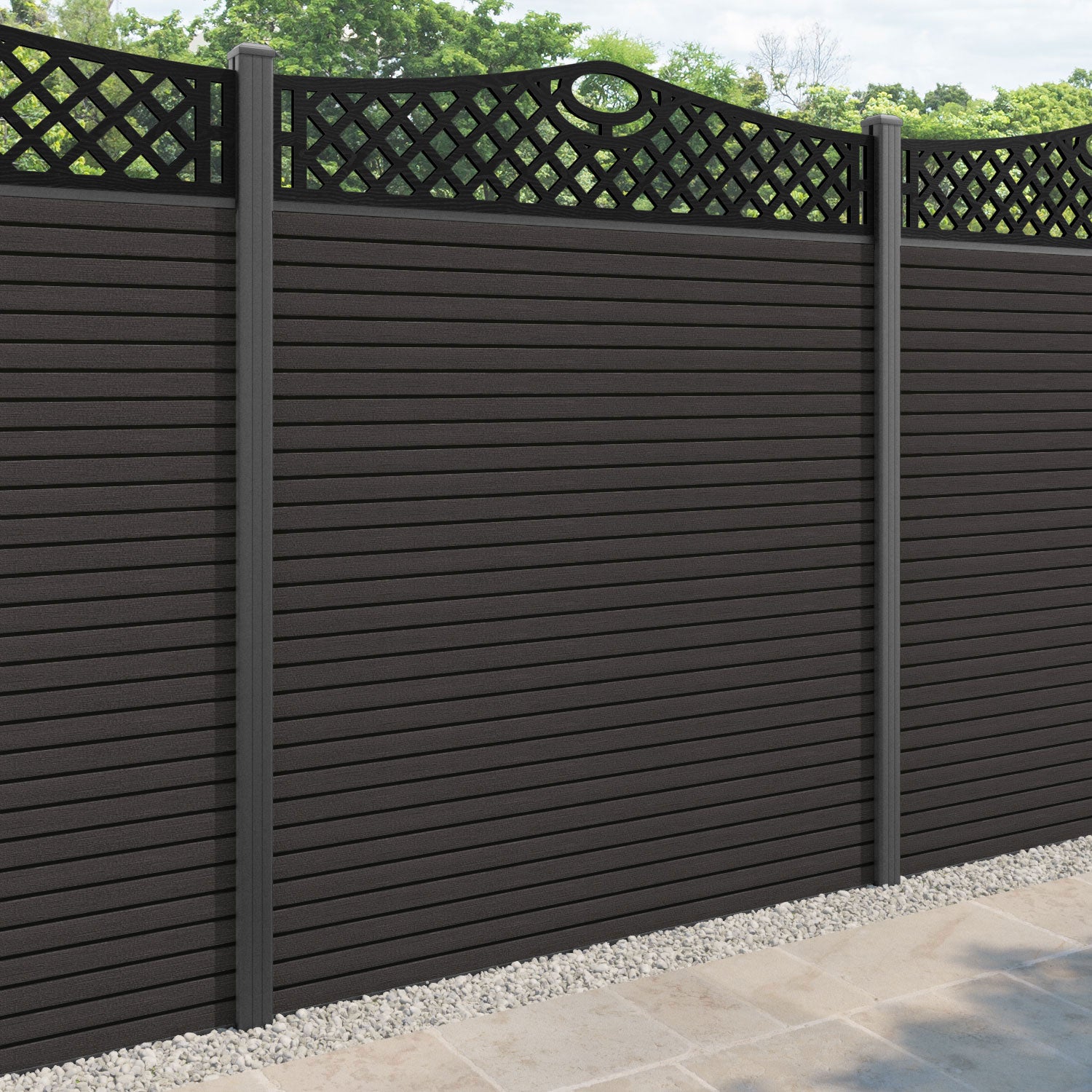 Hudson Oxford Curved Top Fence Panel - Dark Oak - with our aluminium posts