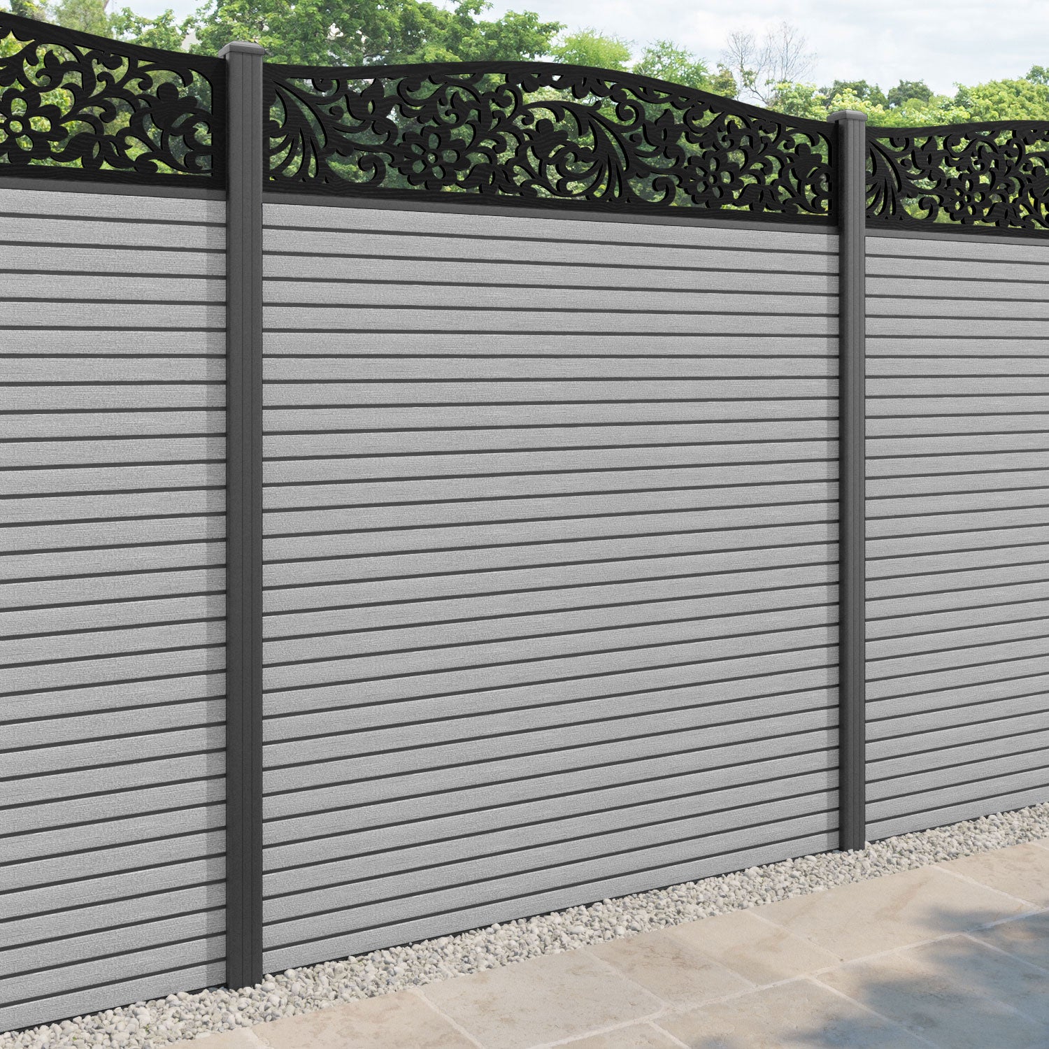 Hudson Eden Curved Top Fence Panel - Light Grey - with our aluminium posts