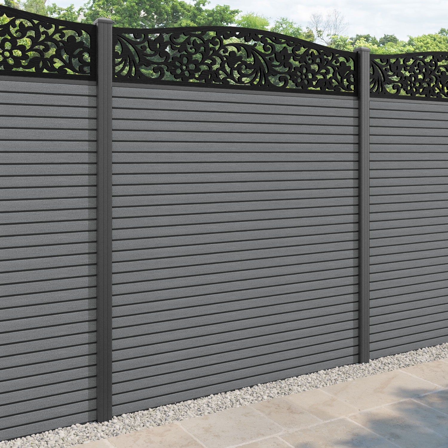 Hudson Eden Curved Top Fence Panel - Mid Grey - with our aluminium posts