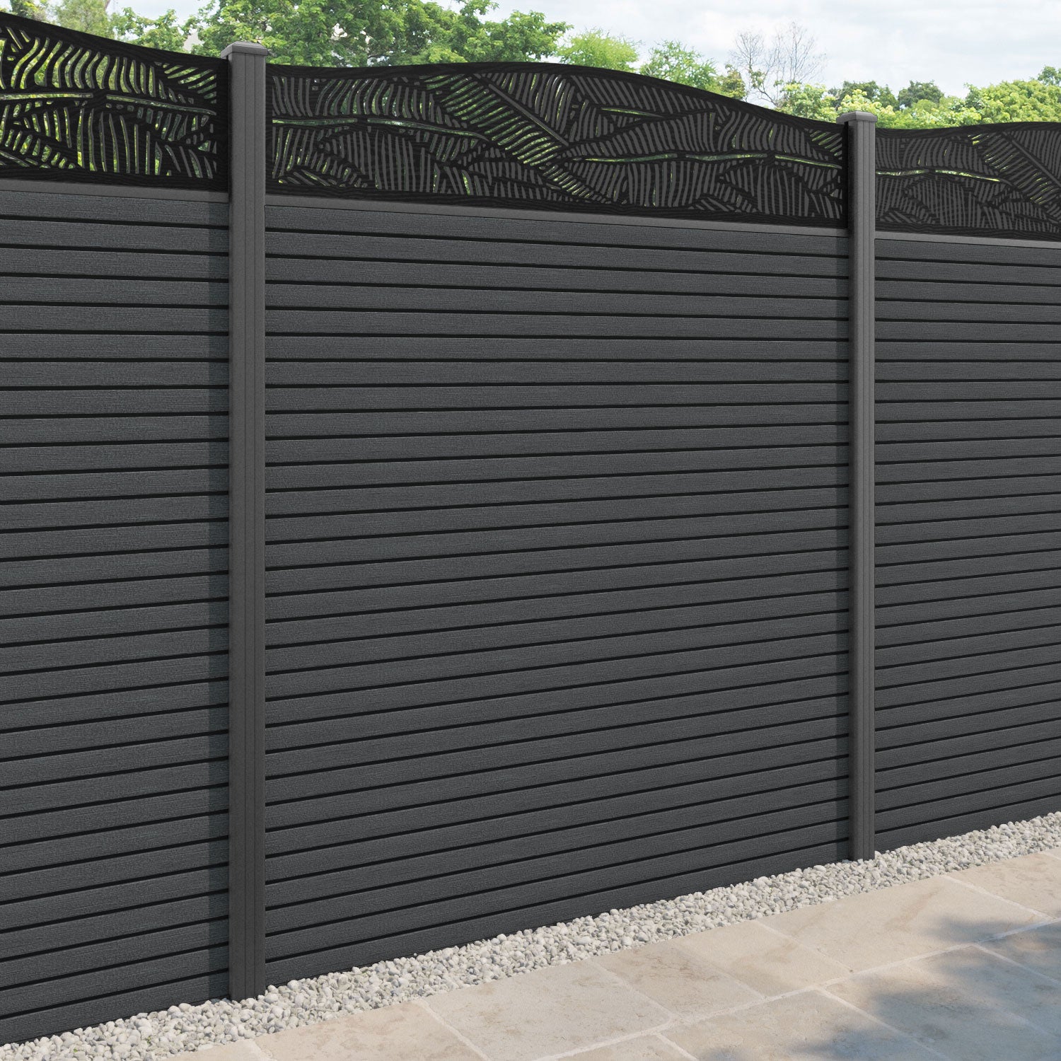 Hudson Feather Curved Top Fence Panel - Dark Grey - with our aluminium posts