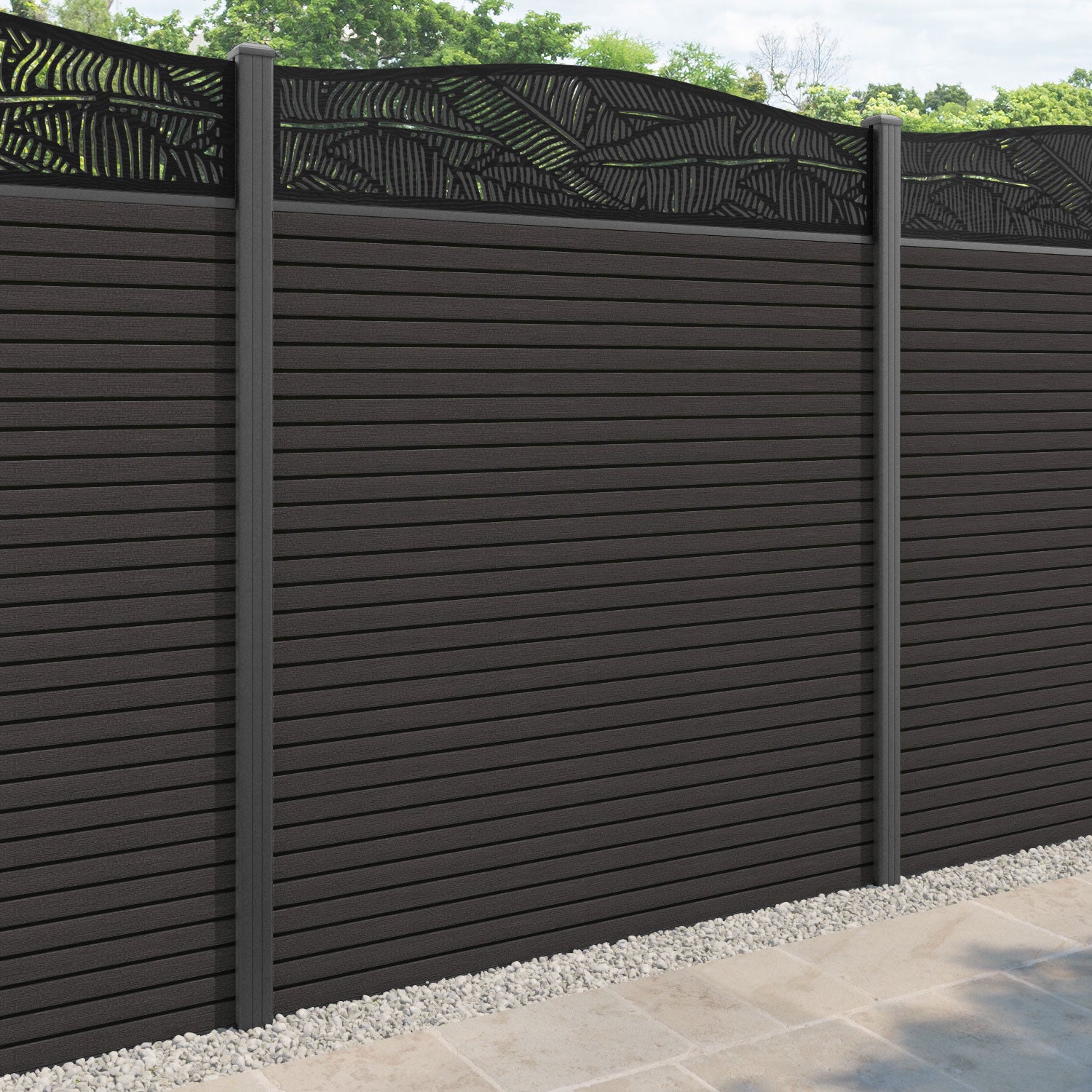 Hudson Feather Curved Top Fence Panel - Dark Oak - with our aluminium posts