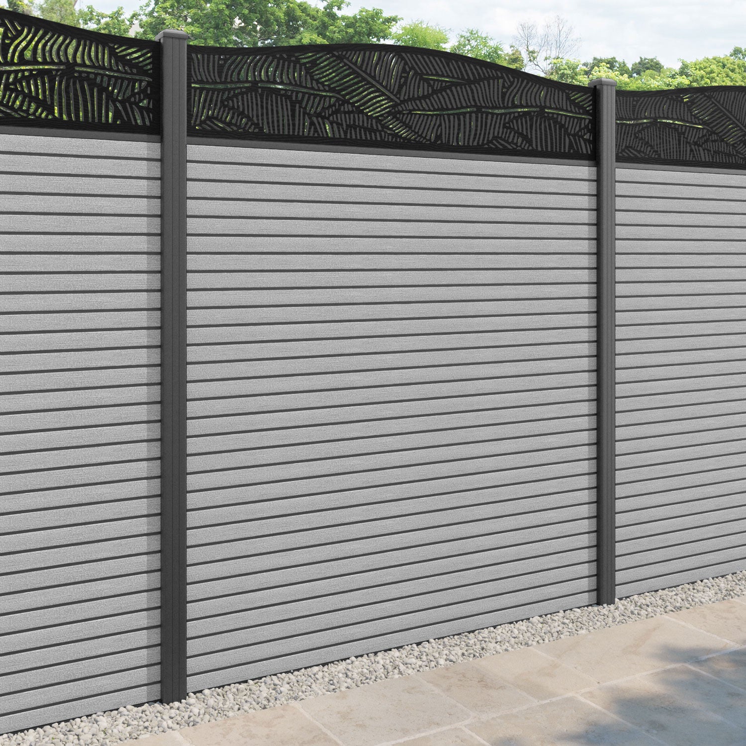 Hudson Feather Curved Top Fence Panel - Light Grey - with our aluminium posts
