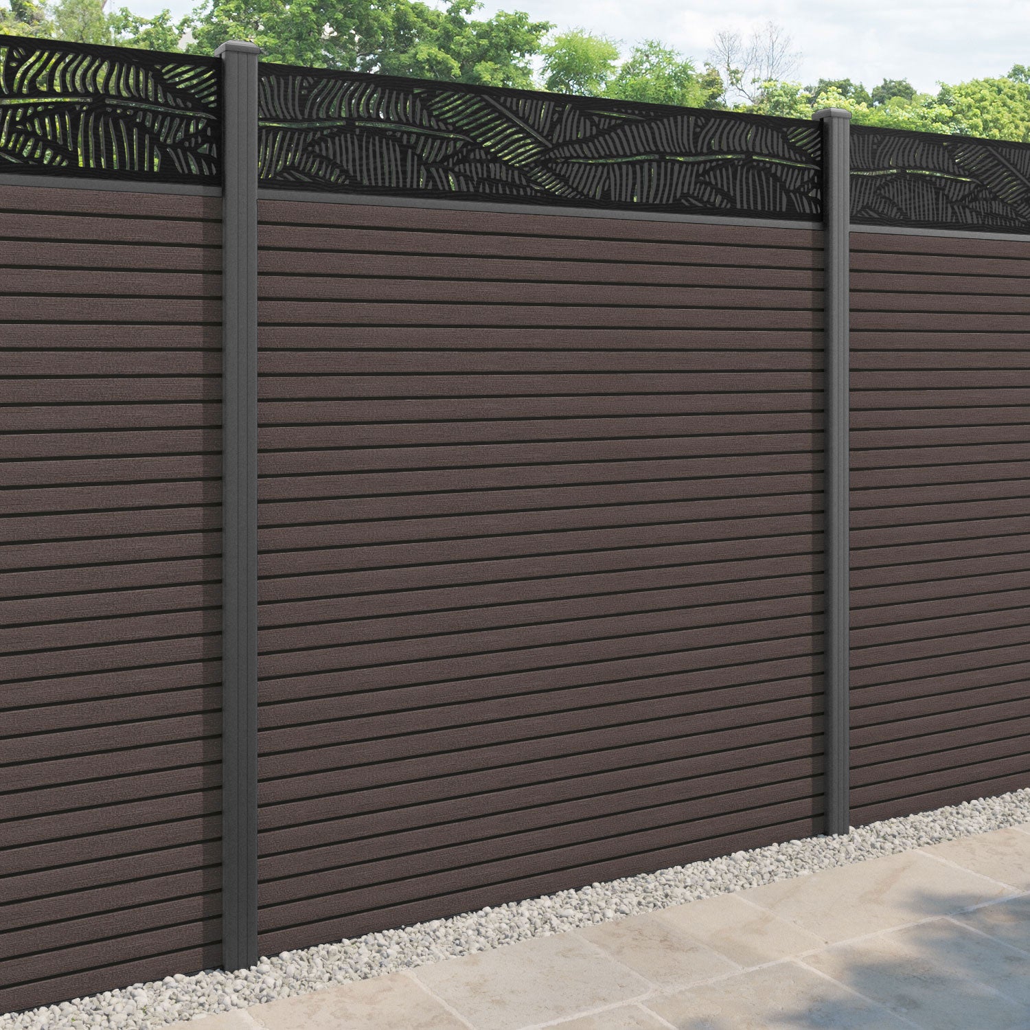 Hudson Feather Fence Panel - Mid Brown - with our aluminium posts