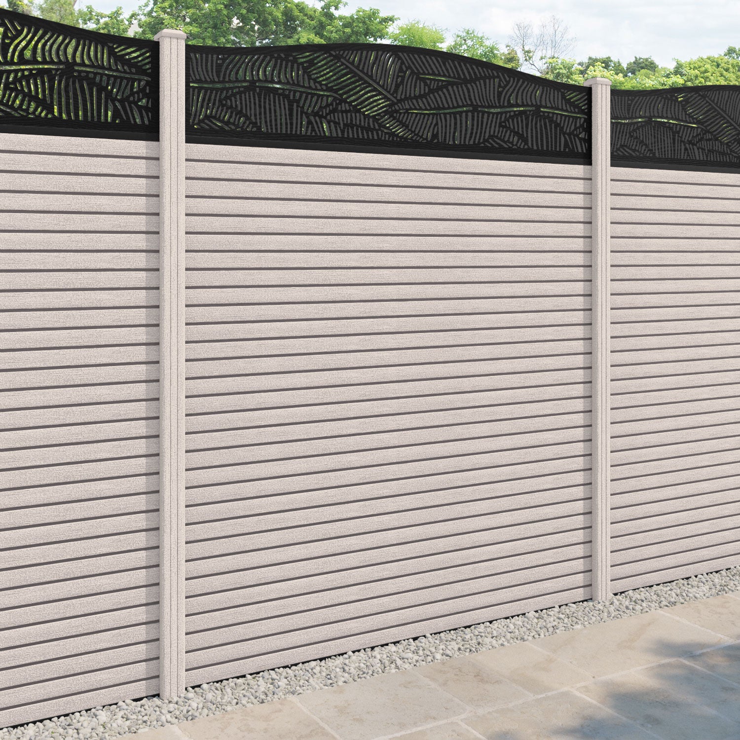 Hudson Feather Curved Top Fence Panel - Mid Stone - with our composite posts