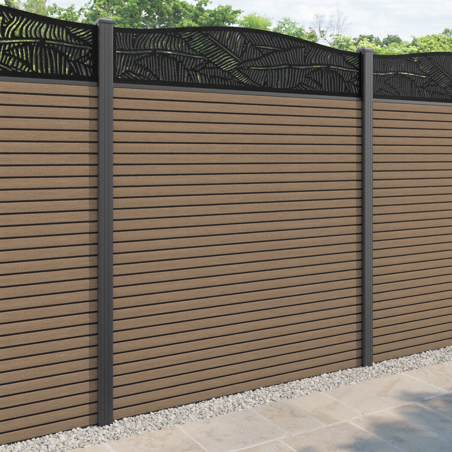 Hudson Feather Curved Top Fence Panel - Teak - with our aluminium posts