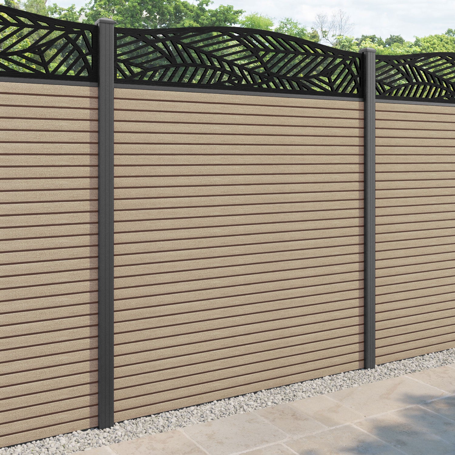 Hudson Habitat Curved Top Fence Panel - Light Oak - with our aluminium posts