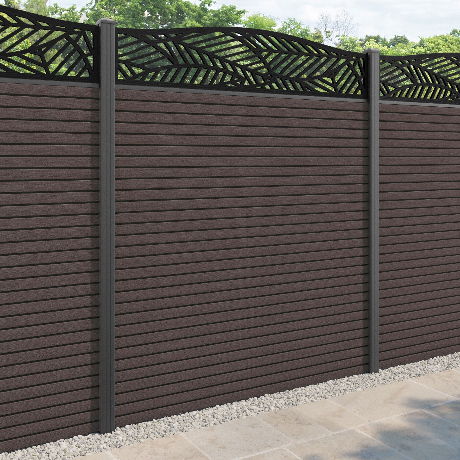 Hudson Habitat Curved Top Fence Panel - Mid Brown - with our aluminium posts