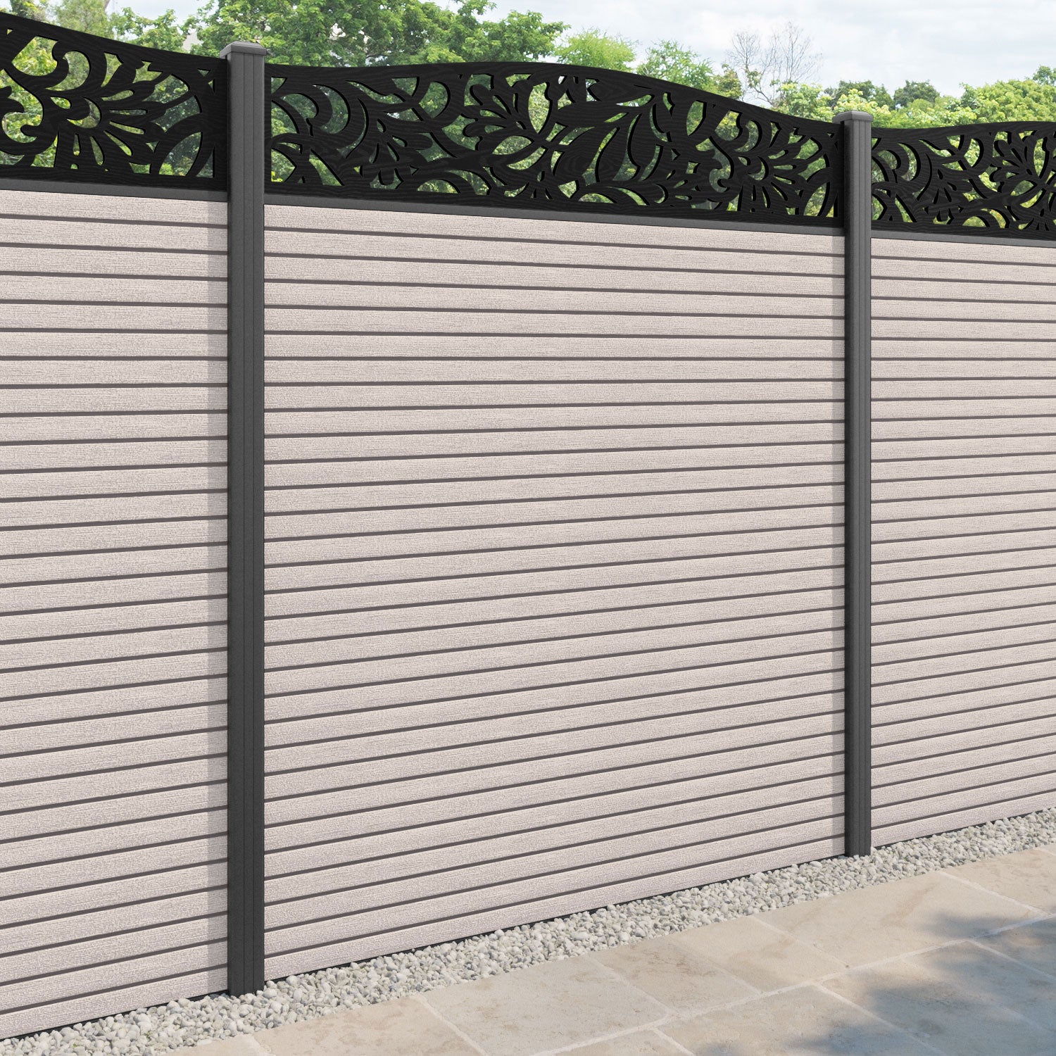 Hudson Heritage Curved Top Fence Panel - Mid Stone - with our aluminium posts