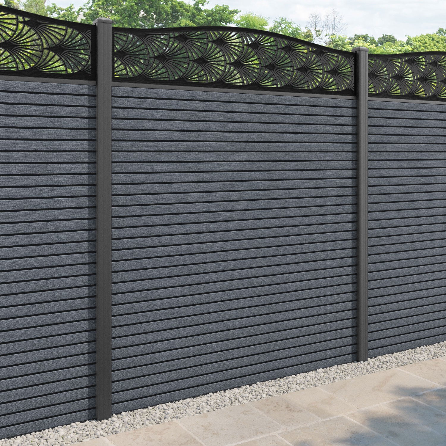 Hudson Laurel Curved Top Fence Panel - Anthracite - with our aluminium posts