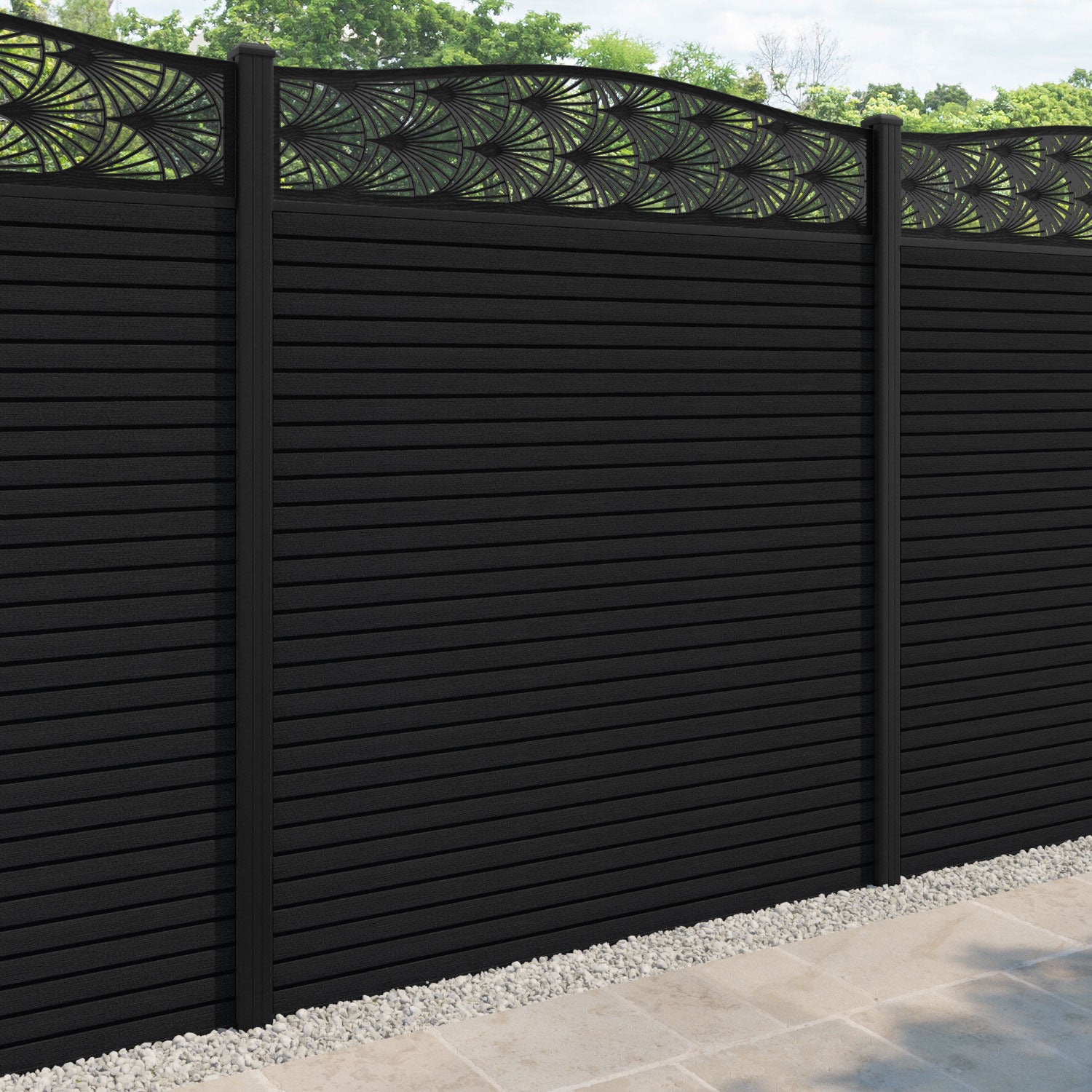 Hudson Laurel Curved Top Fence Panel - Black - with our aluminium posts