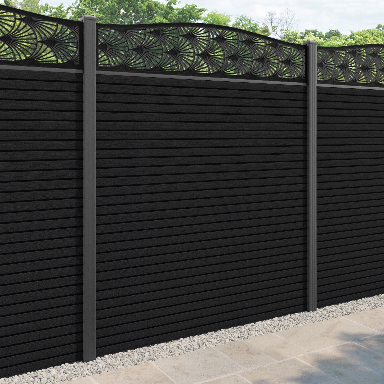 Hudson Laurel Curved Top Fence Panel - Black - with our aluminium posts