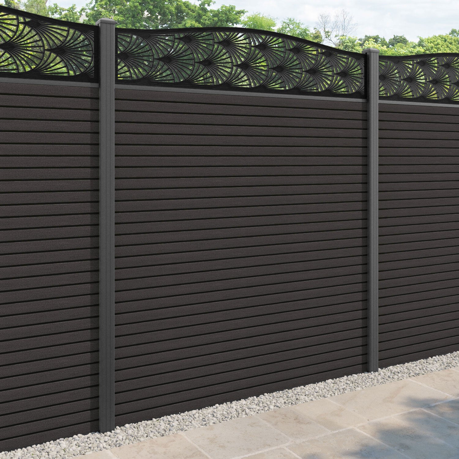 Hudson Laurel Curved Top Fence Panel - Dark Oak - with our aluminium posts