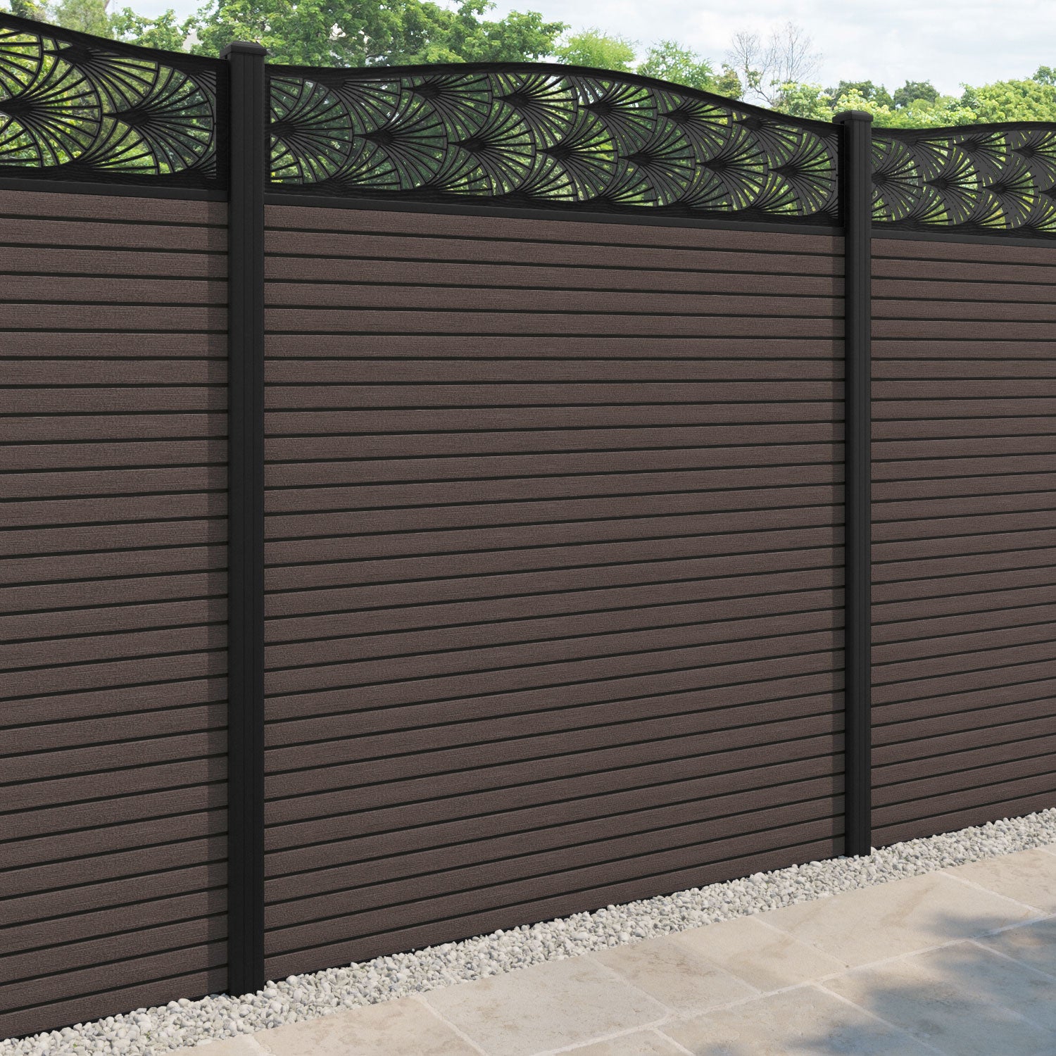 Hudson Laurel Curved Top Fence Panel - Mid Brown - with our aluminium posts