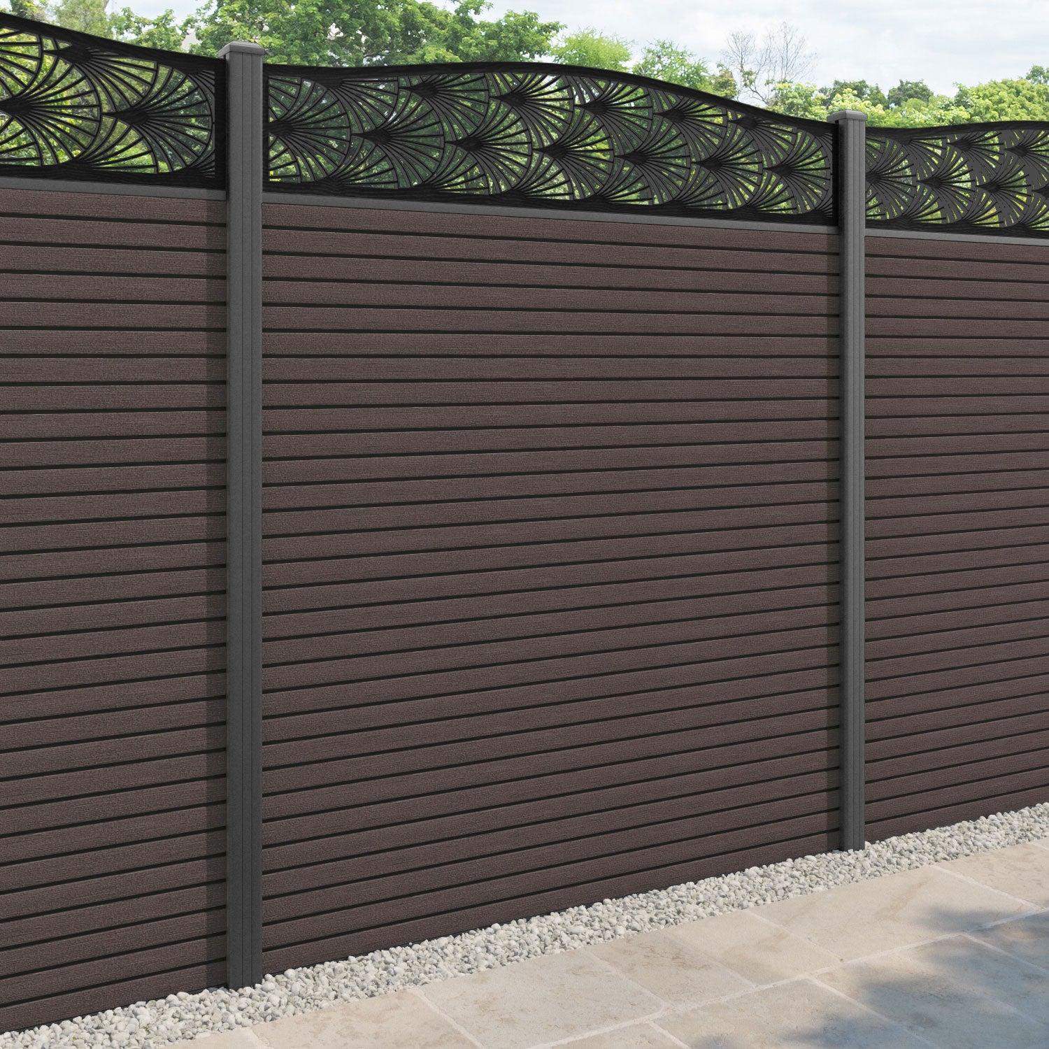 Hudson Laurel Curved Top Fence Panel - Mid Brown - with our aluminium posts