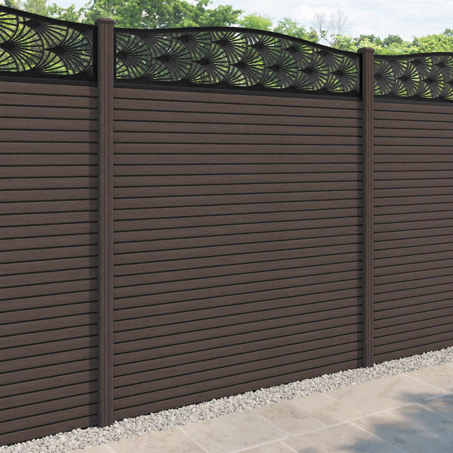 Hudson Laurel Curved Top Fence Panel - Mid Brown - with our composite posts