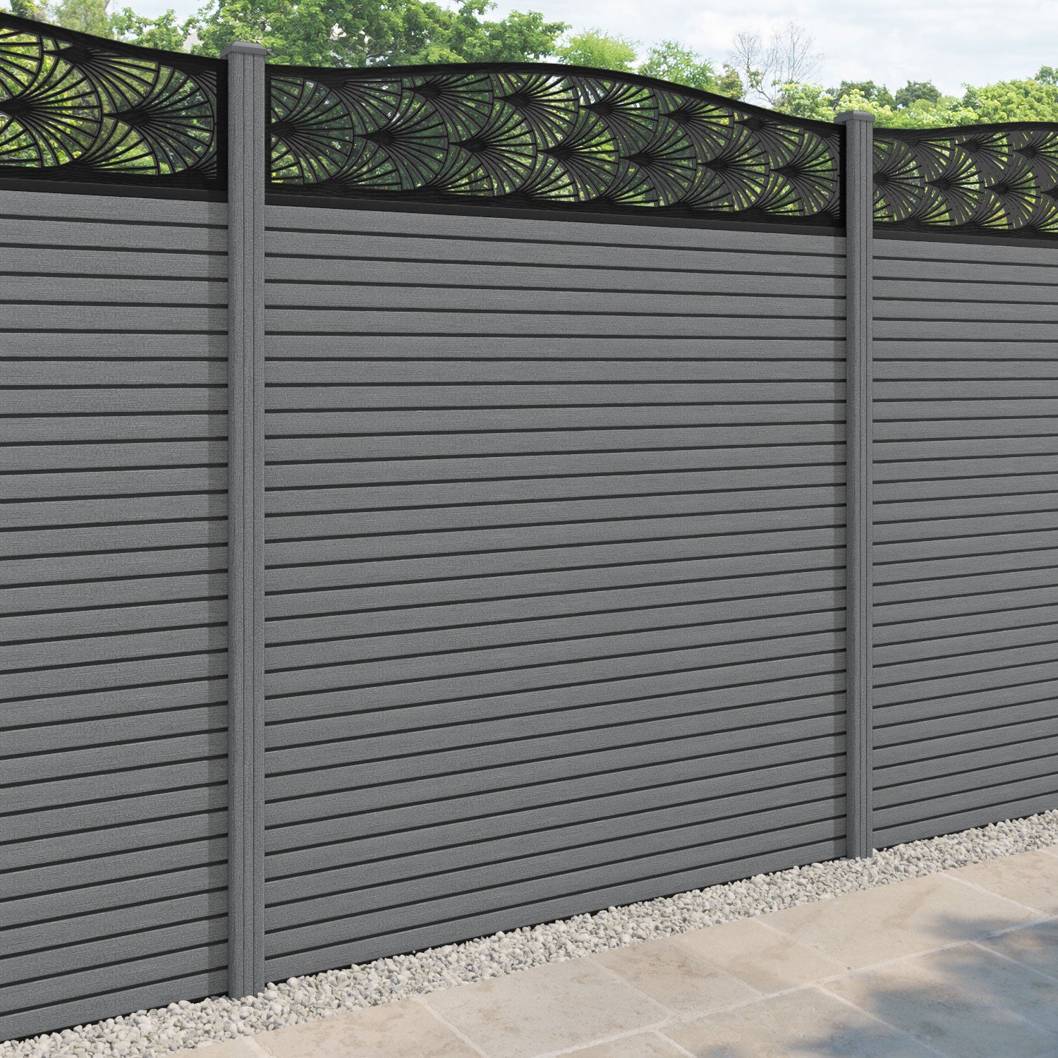 Hudson Laurel Curved Top Fence Panel - Mid Grey - with our composite posts