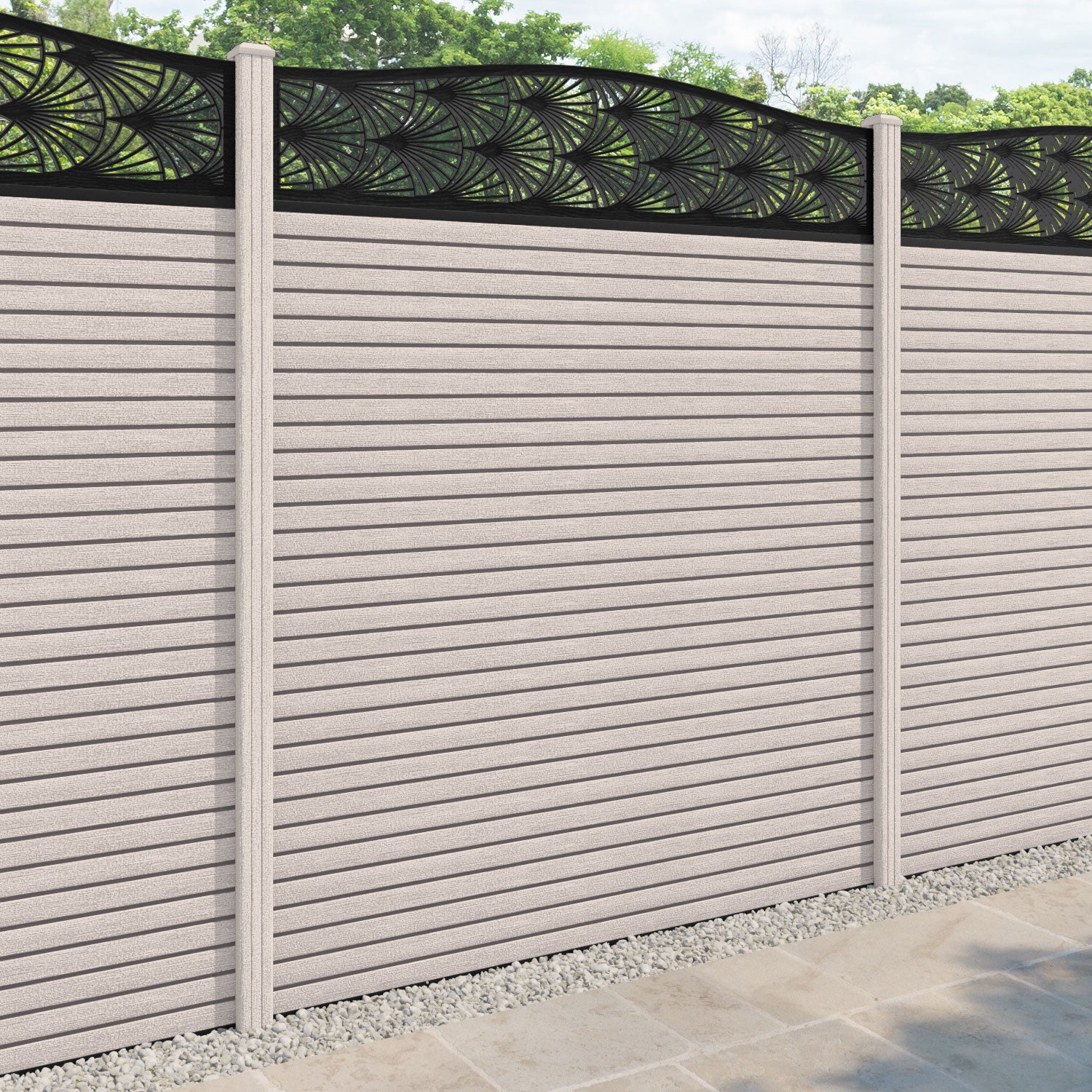 Hudson Laurel Curved Top Fence Panel - Mid Stone - with our composite posts
