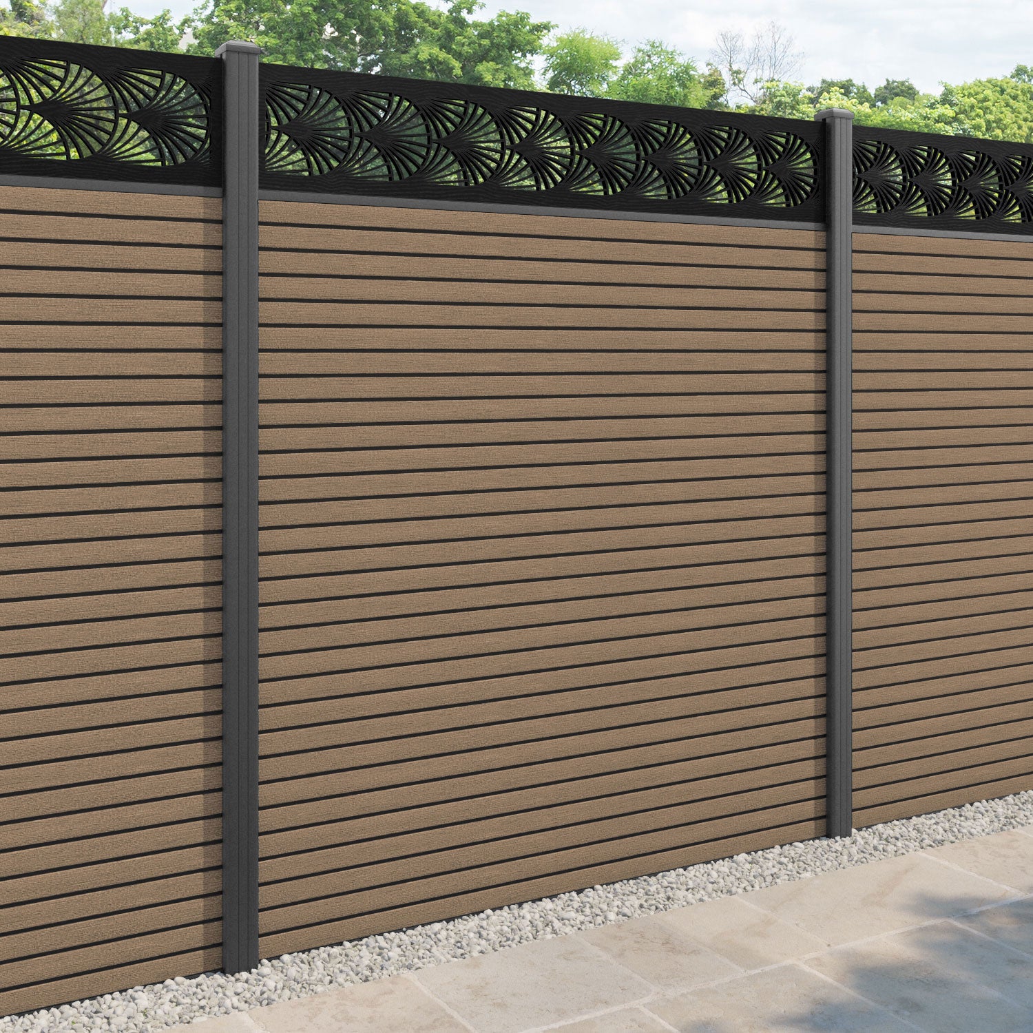 Hudson Laurel Fence Panel - Teak - with our aluminium posts