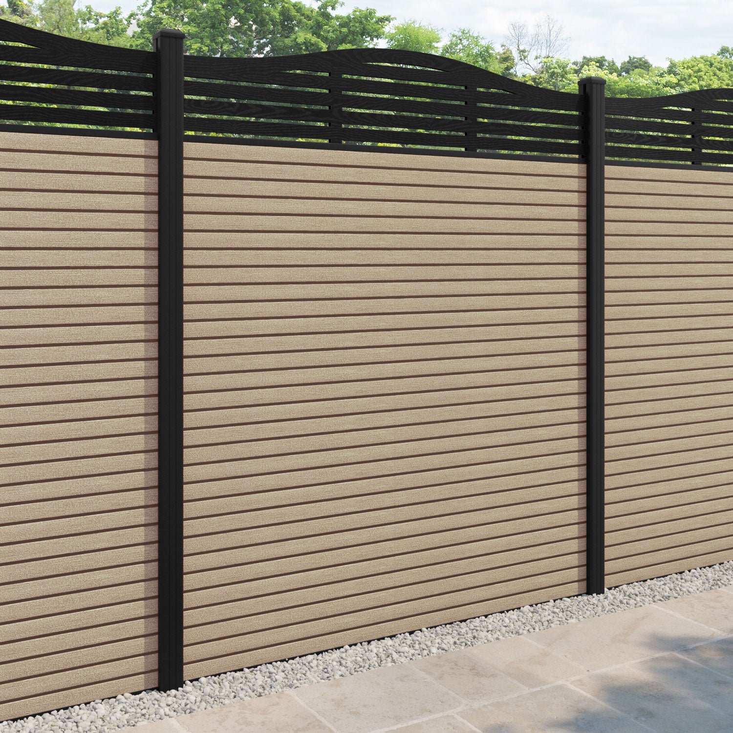 Hudson Aspen Curved Top Fence Panel - Light Oak - with our aluminium posts