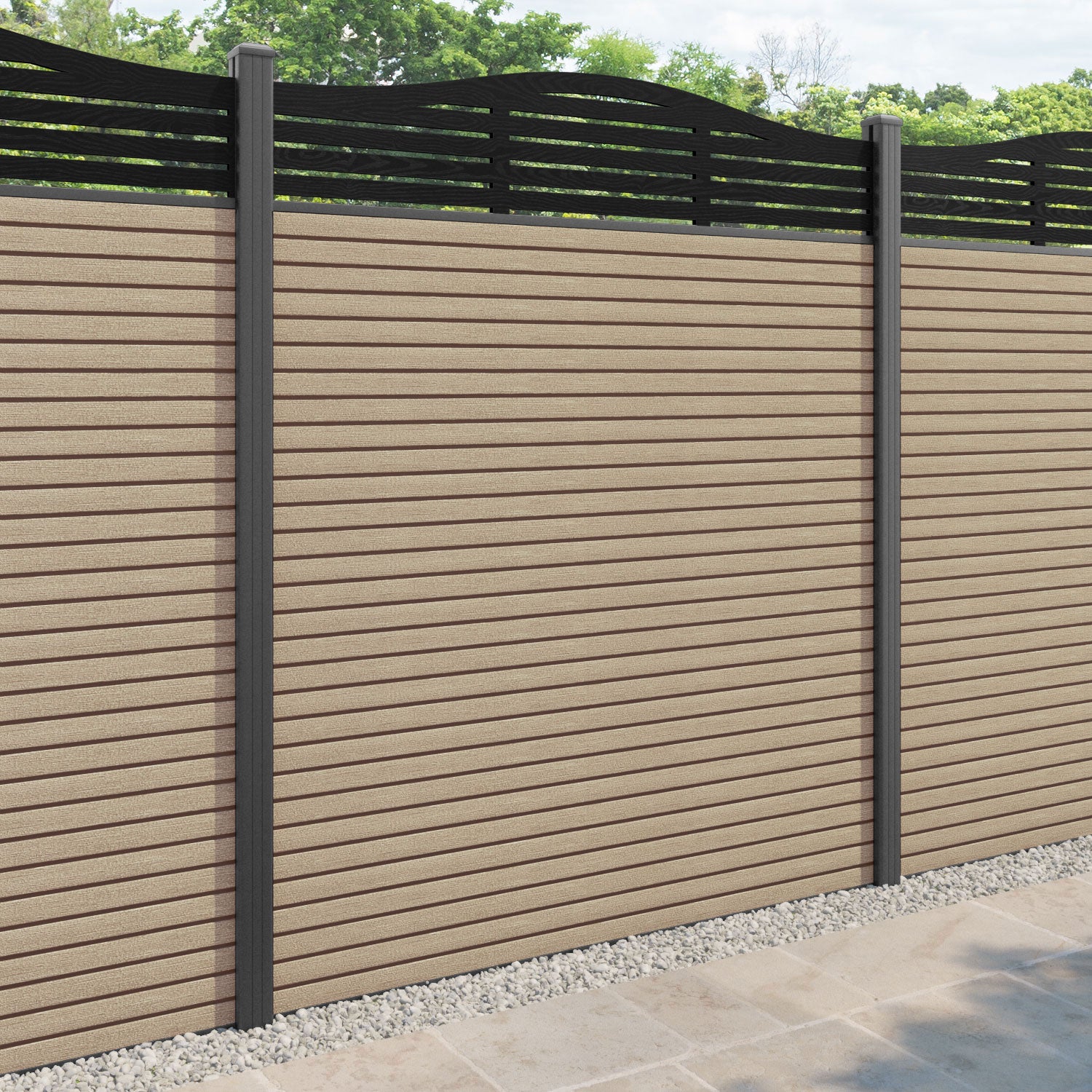 Hudson Aspen Curved Top Fence Panel - Light Oak - with our aluminium posts