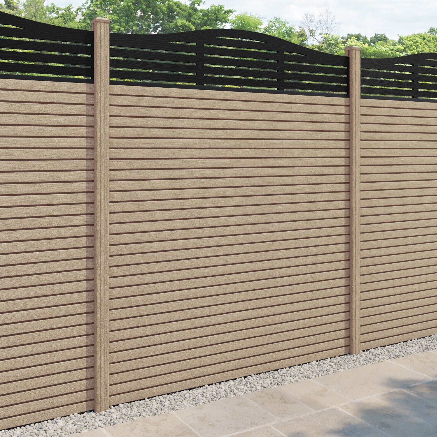 Hudson Aspen Curved Top Fence Panel - Light Oak - with our composite posts