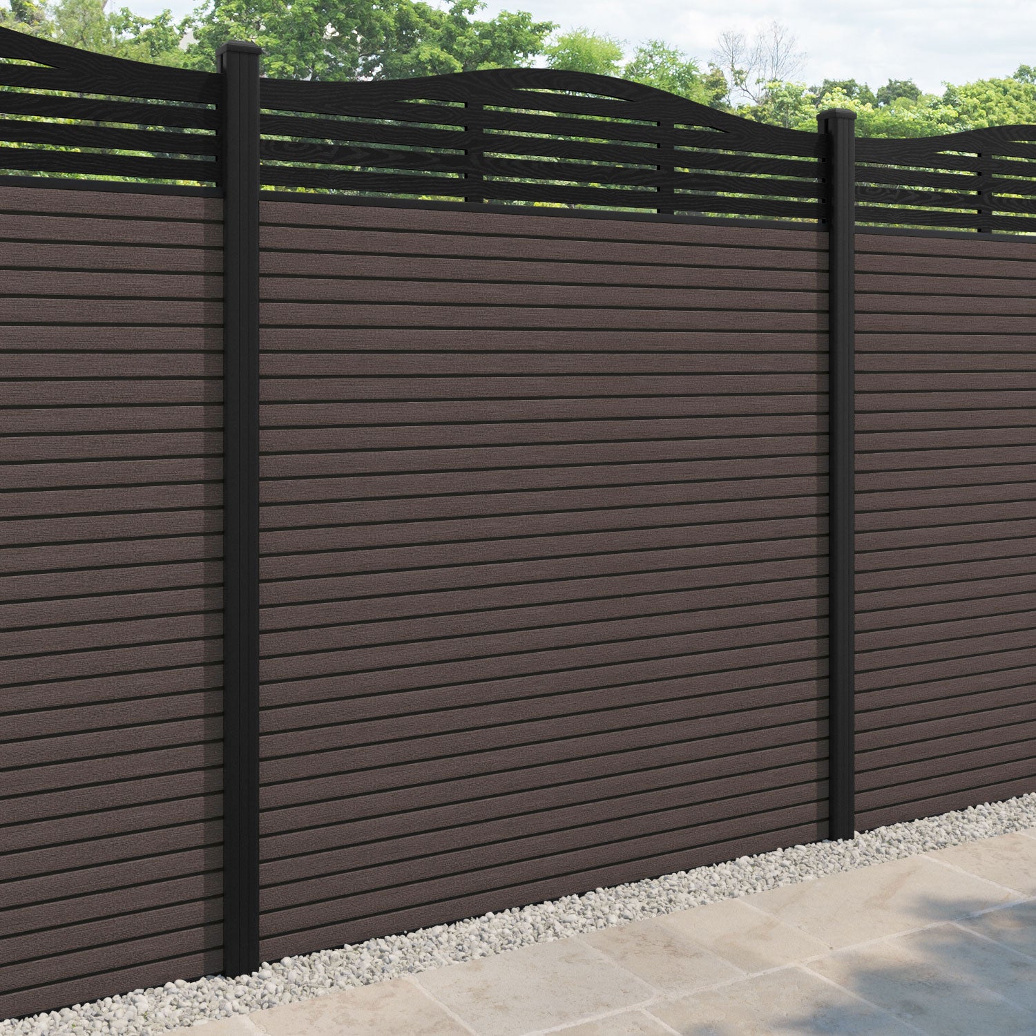 Hudson Aspen Curved Top Fence Panel - Mid Brown - with our aluminium posts