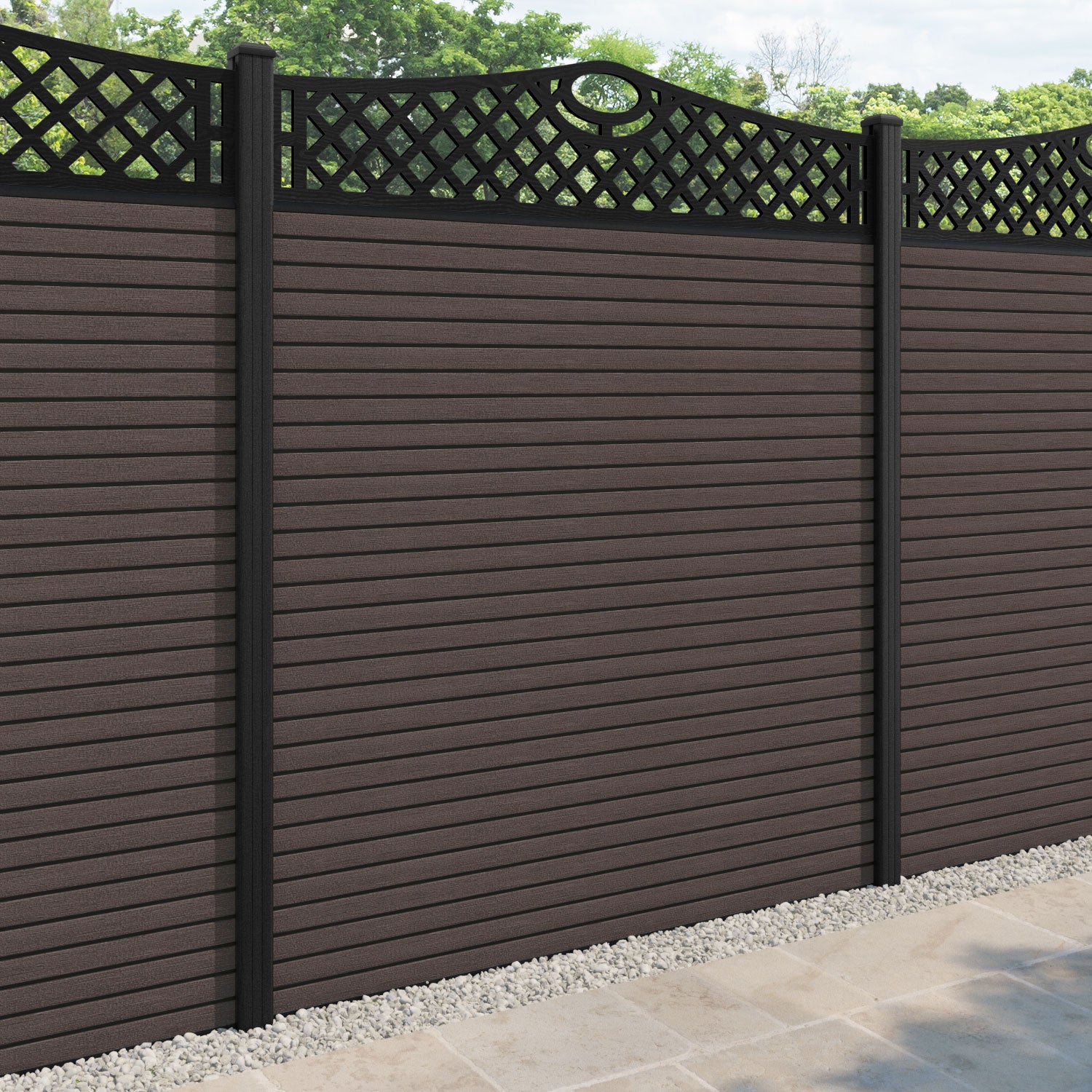 Hudson Oxford Curved Top Fence Panel - Mid Brown - with our composite posts