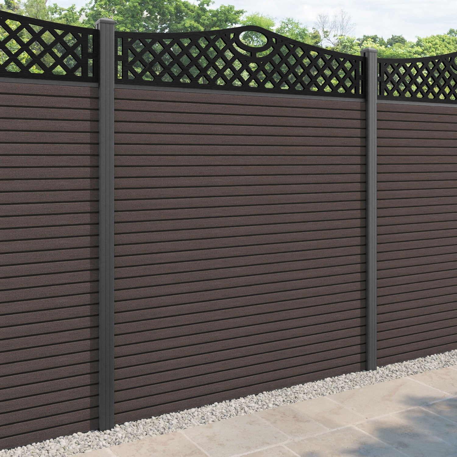 Hudson Oxford Curved Top Fence Panel - Mid Brown - with our aluminium posts
