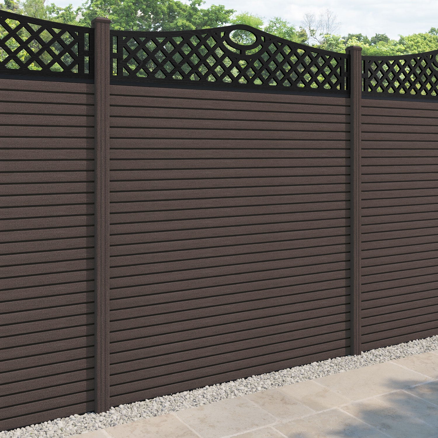 Hudson Oxford Curved Top Fence Panel - Mid Brown - with our composite posts