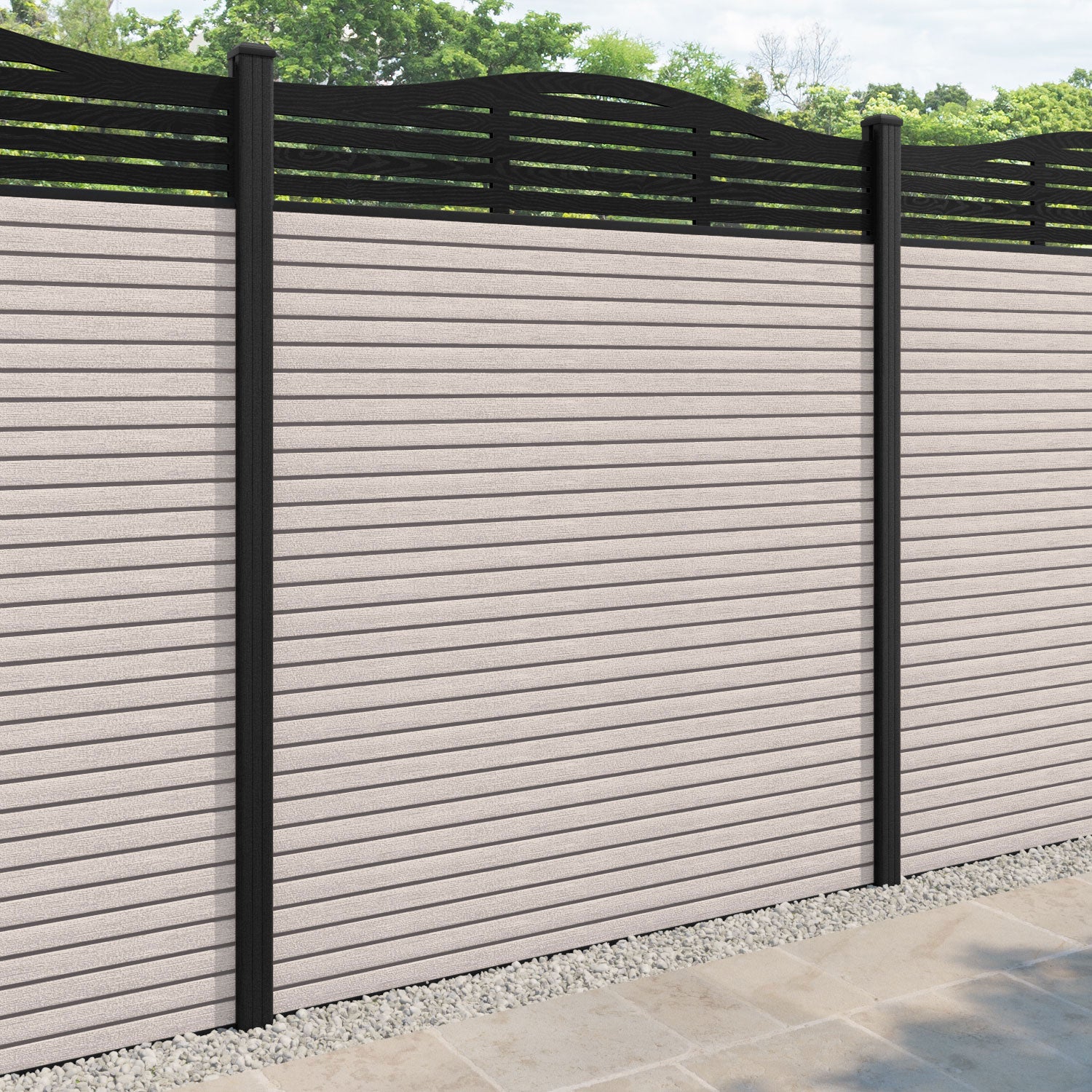Hudson Aspen Curved Top Fence Panel - Mid Stone - with our composite posts