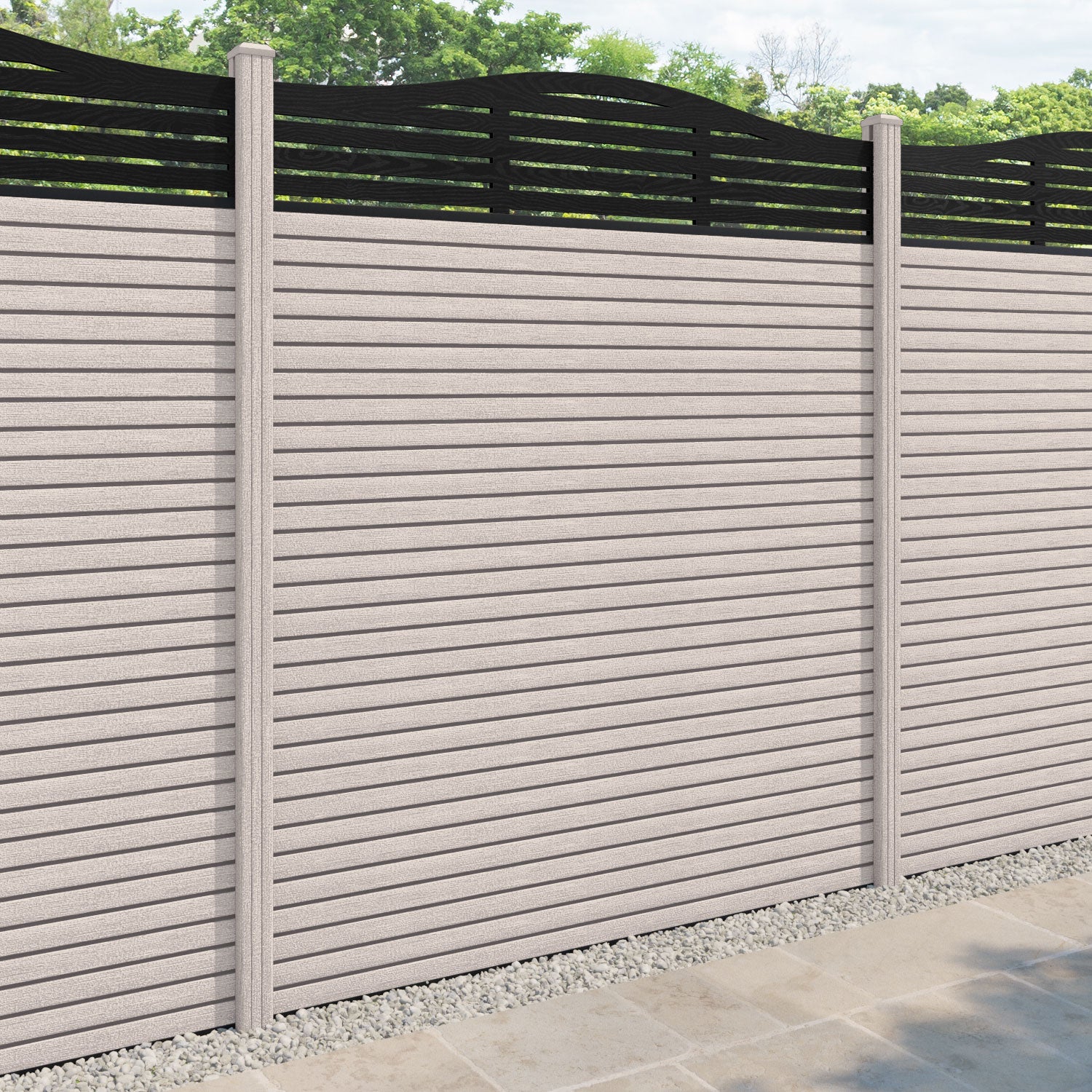 Hudson Aspen Curved Top Fence Panel - Mid Stone - with our composite posts