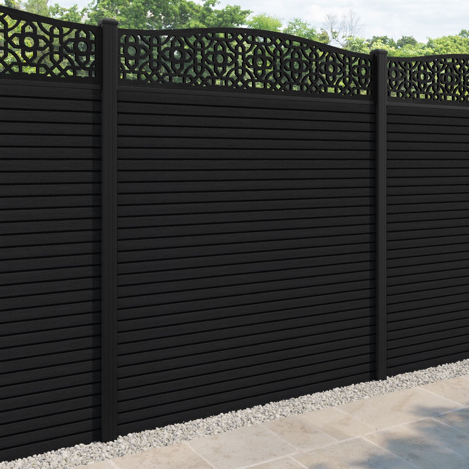 Hudson Nabila Curved Top Fence Panel - Black - with our aluminium posts