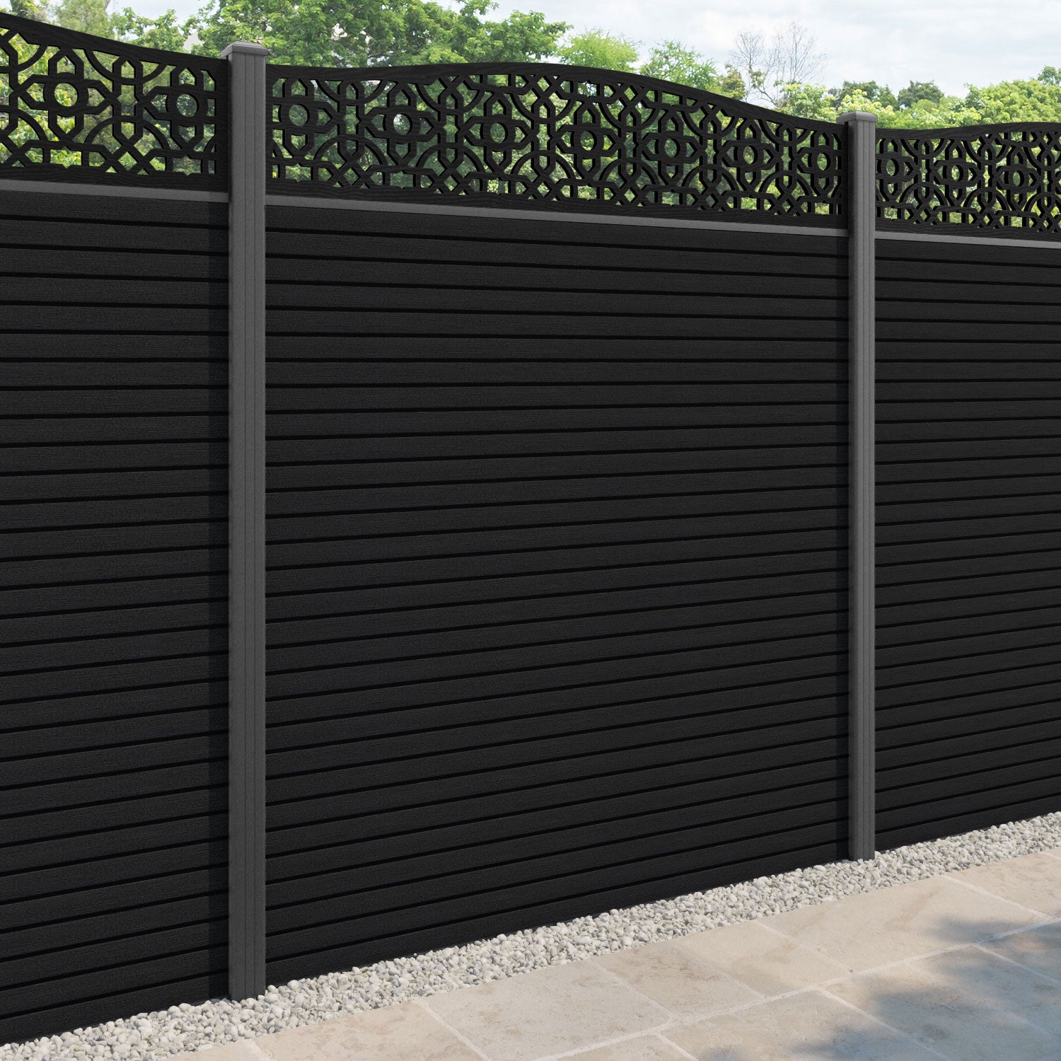 Hudson Nabila Curved Top Fence Panel - Black - with our aluminium posts