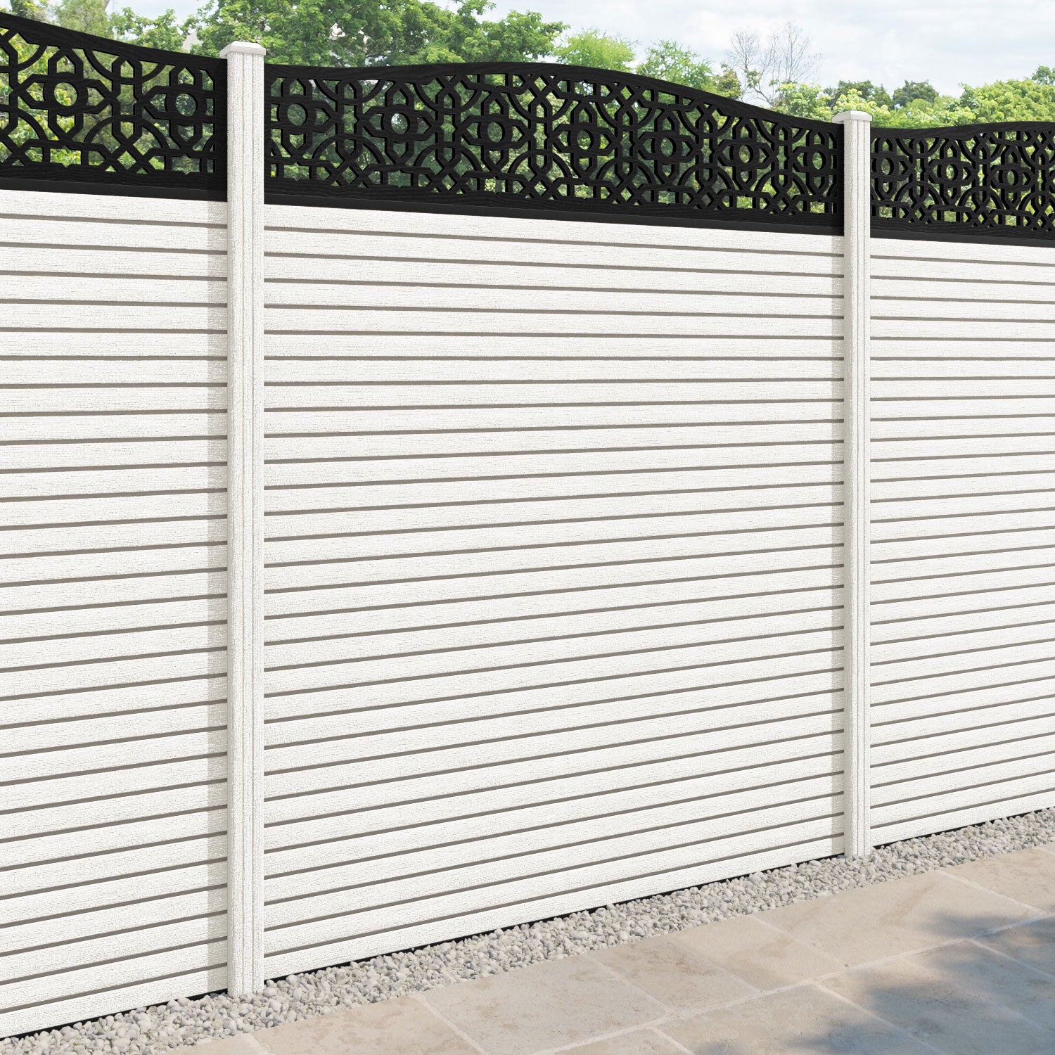 Hudson Nabila Curved Top Fence Panel - Light Stone - with our composite posts