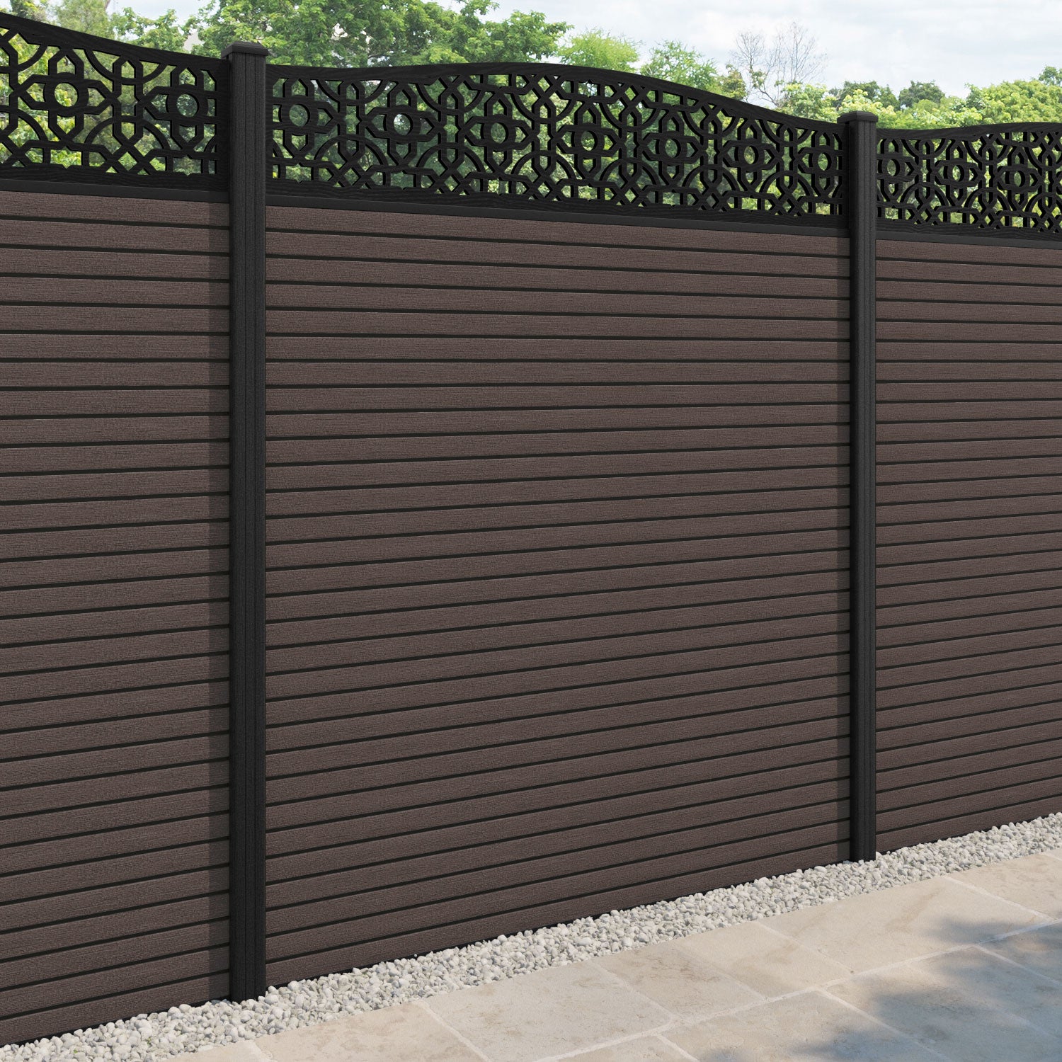 Hudson Nabila Curved Top Fence Panel - Mid Brown - with our composite posts