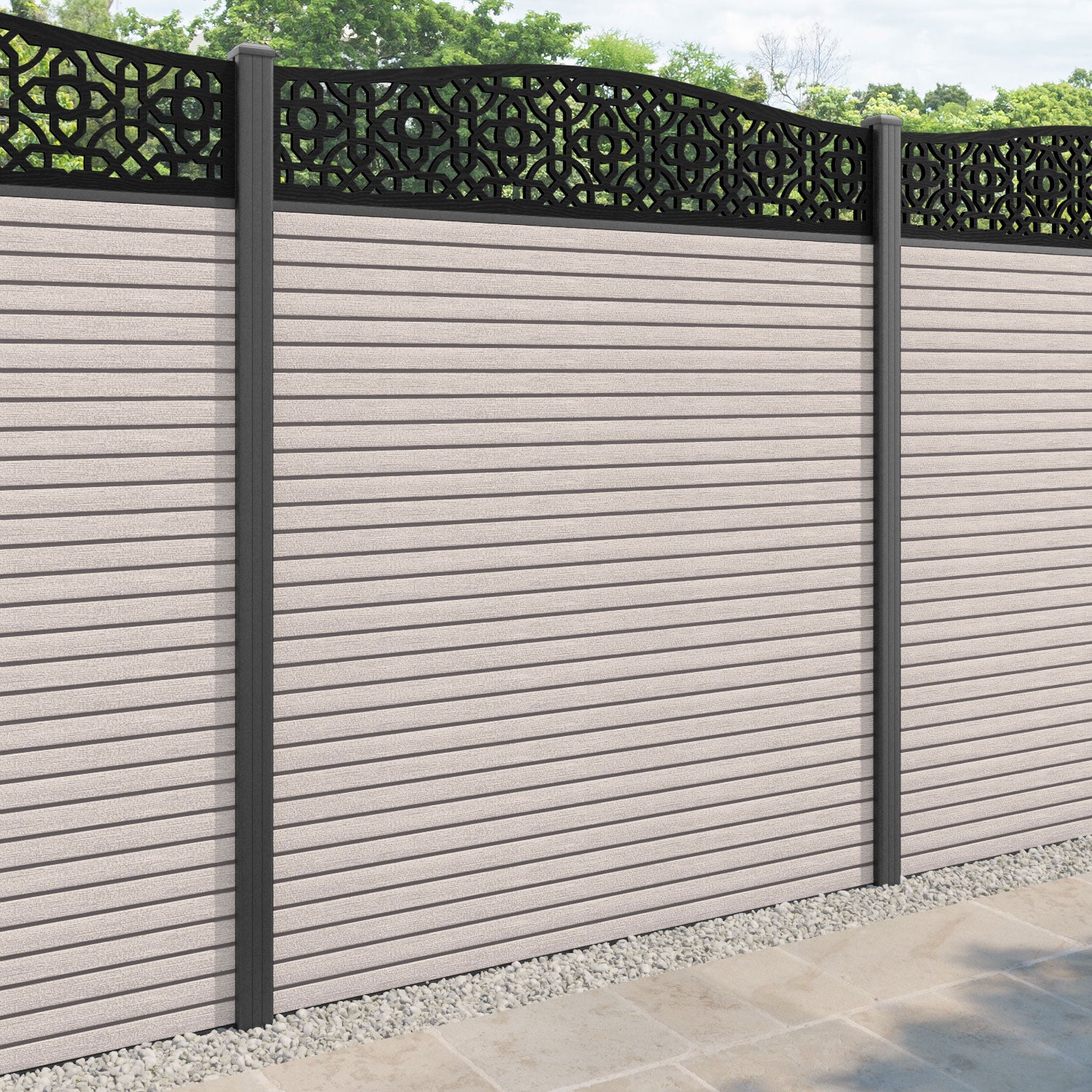 Hudson Nabila Curved Top Fence Panel - Mid Stone - with our aluminium posts