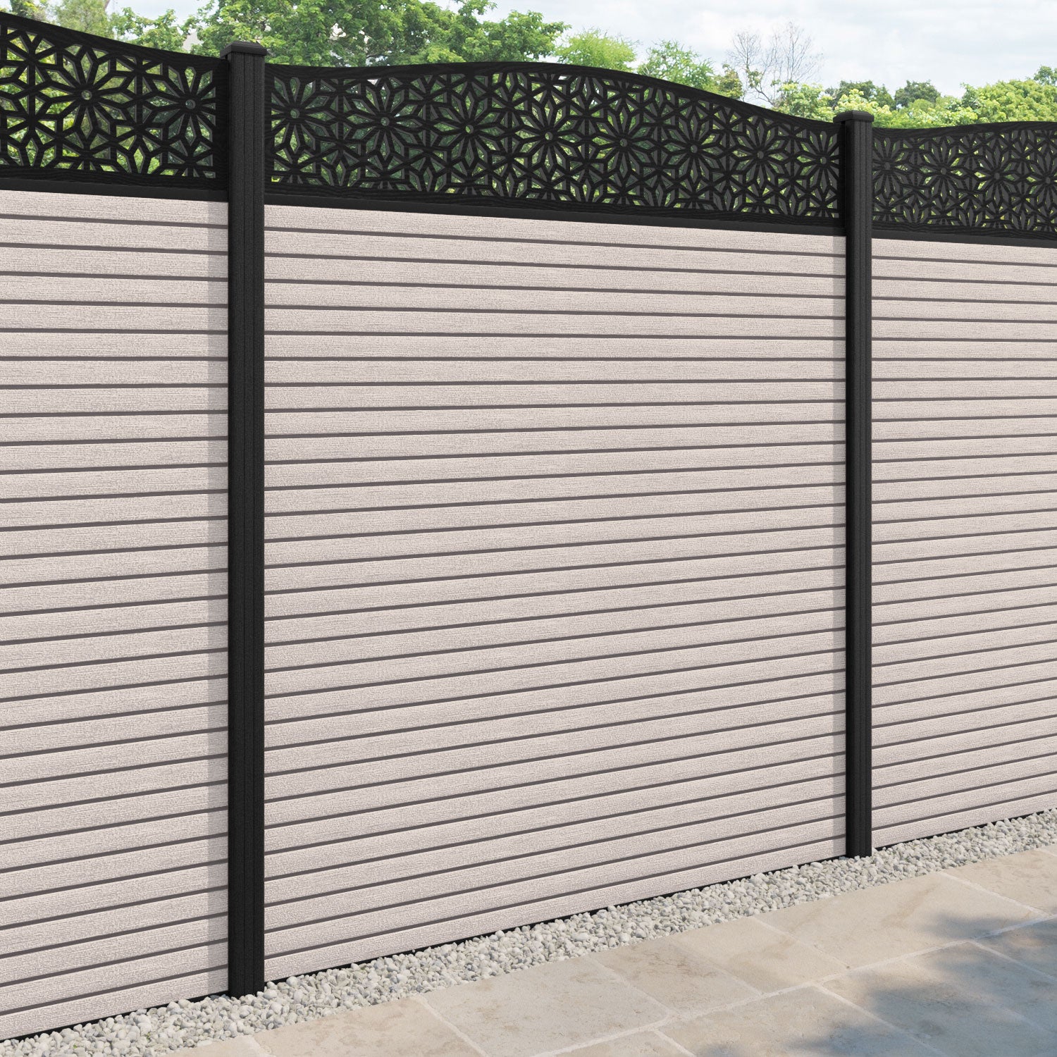 Hudson Narwa Curved Top Fence Panel - Mid Stone - with our composite posts