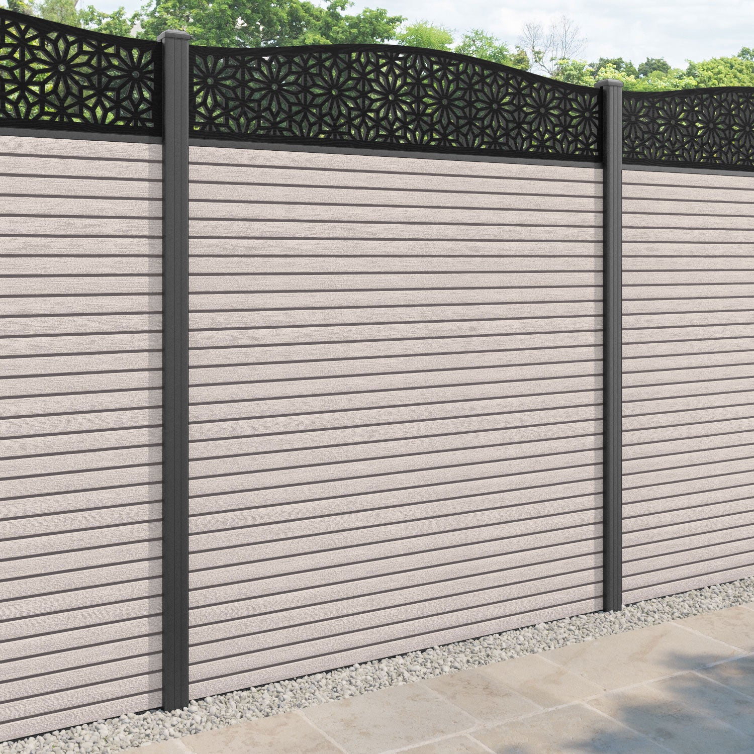 Hudson Narwa Curved Top Fence Panel - Mid Stone - with our aluminium posts