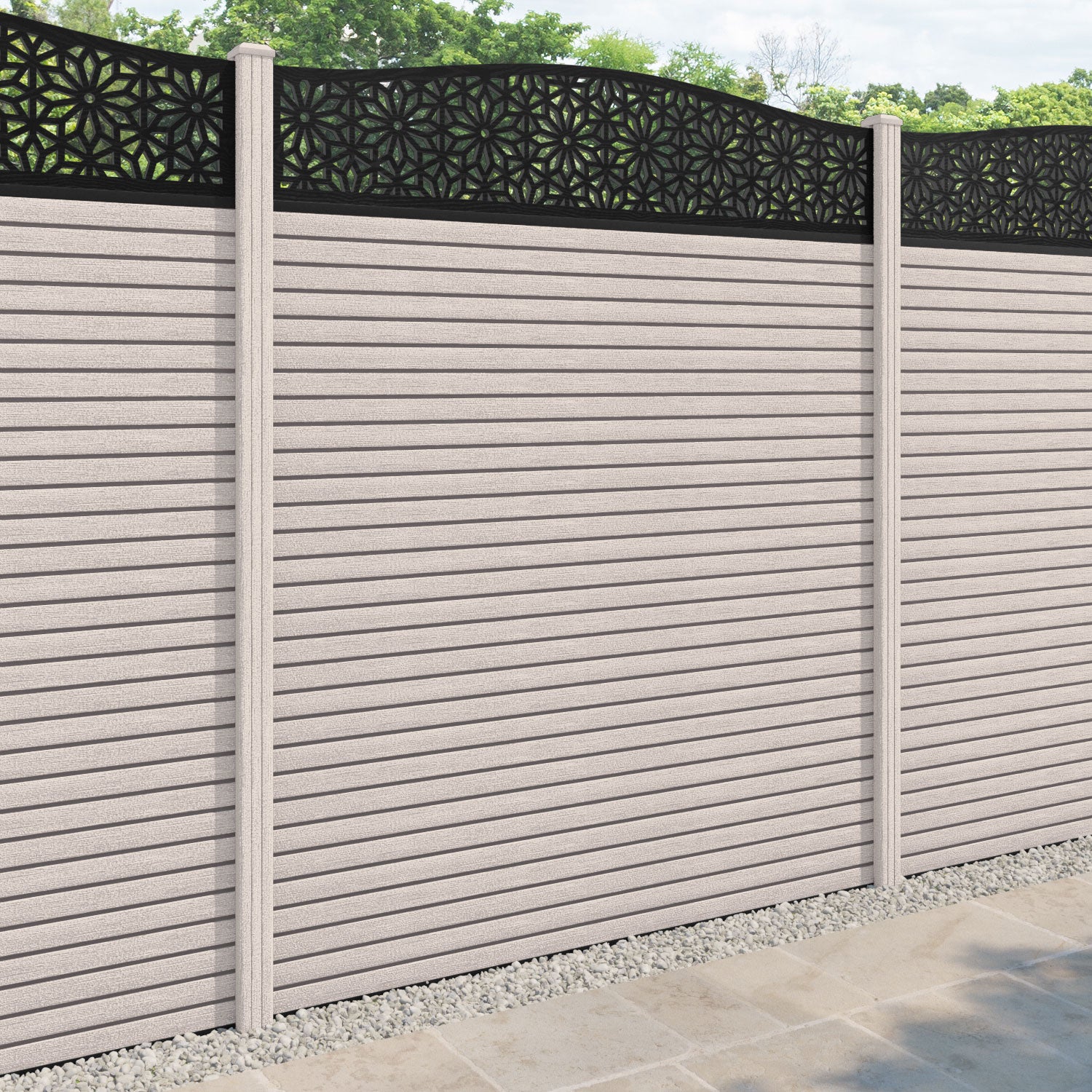 Hudson Narwa Curved Top Fence Panel - Mid Stone - with our composite posts