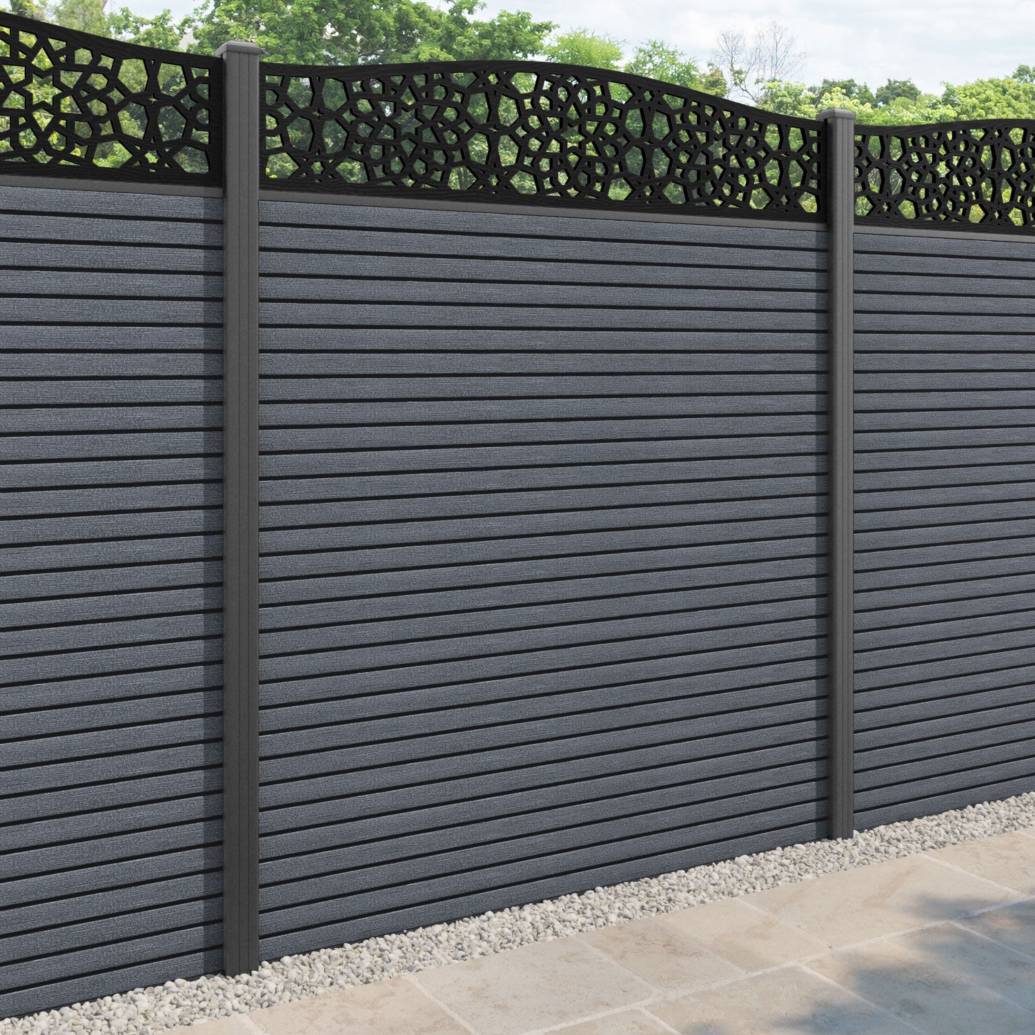 Hudson Nazira Curved Top Fence Panel - Anthracite - with our aluminium posts