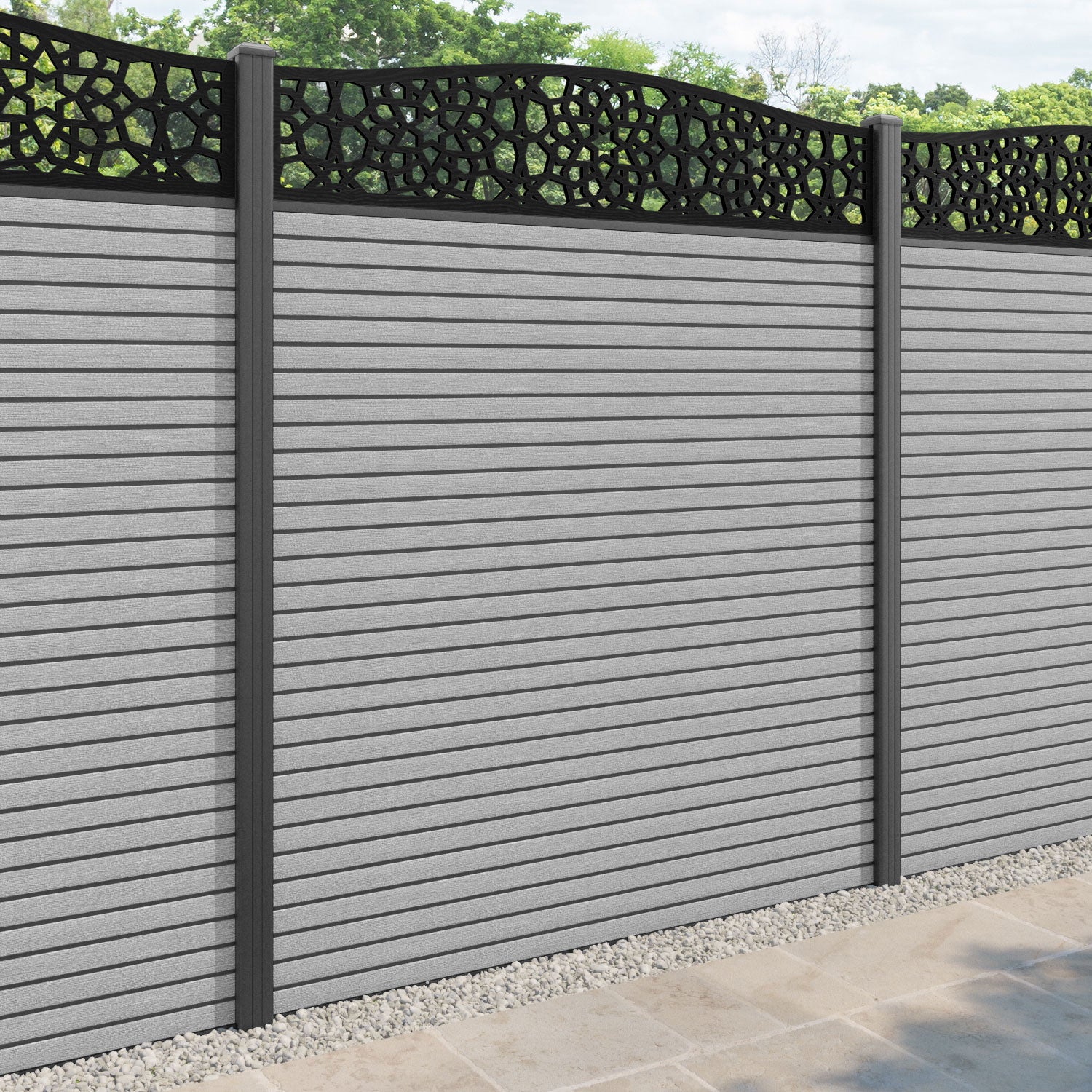 Hudson Nazira Curved Top Fence Panel - Light Grey - with our aluminium posts