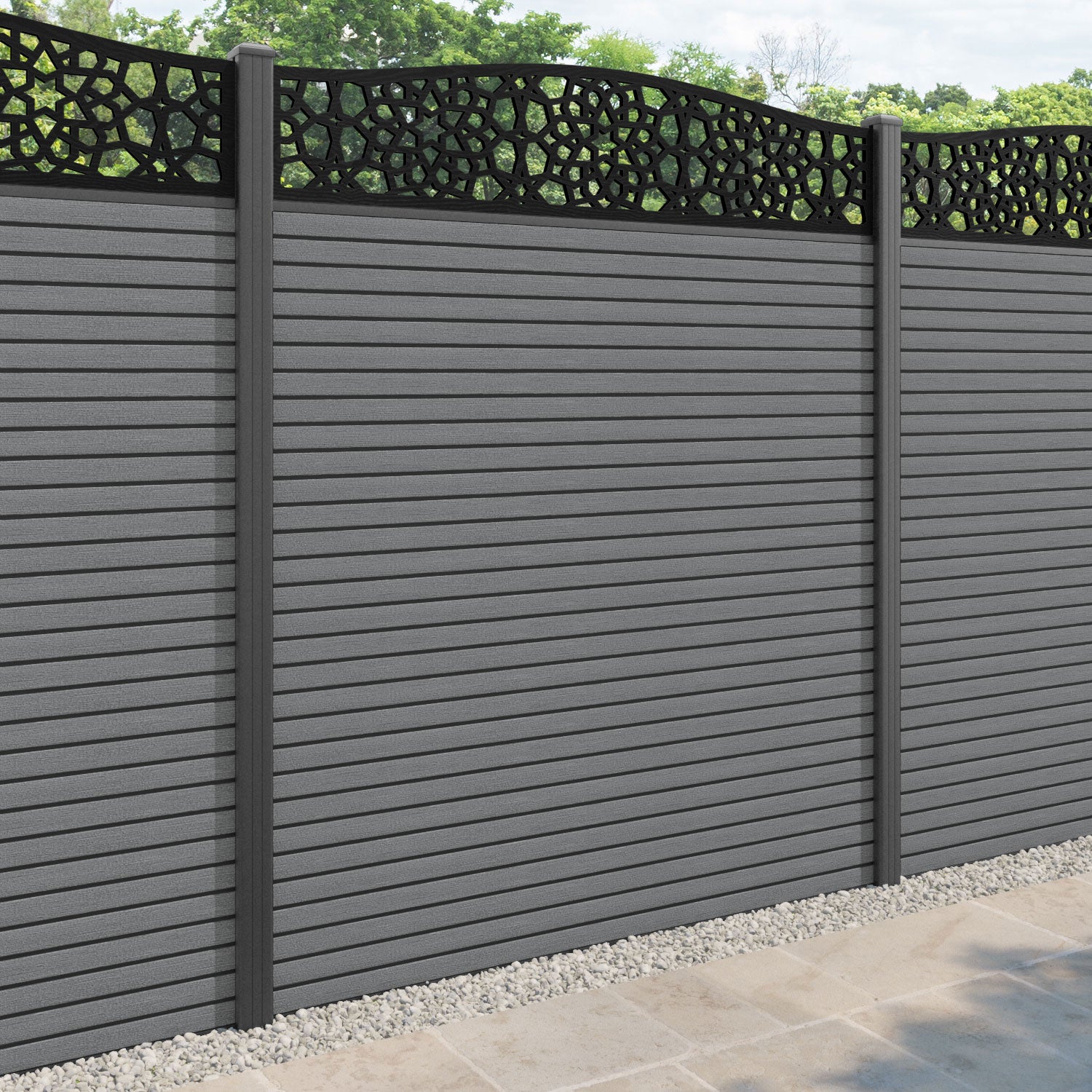 Hudson Nazira Curved Top Fence Panel - Mid Grey - with our aluminium posts